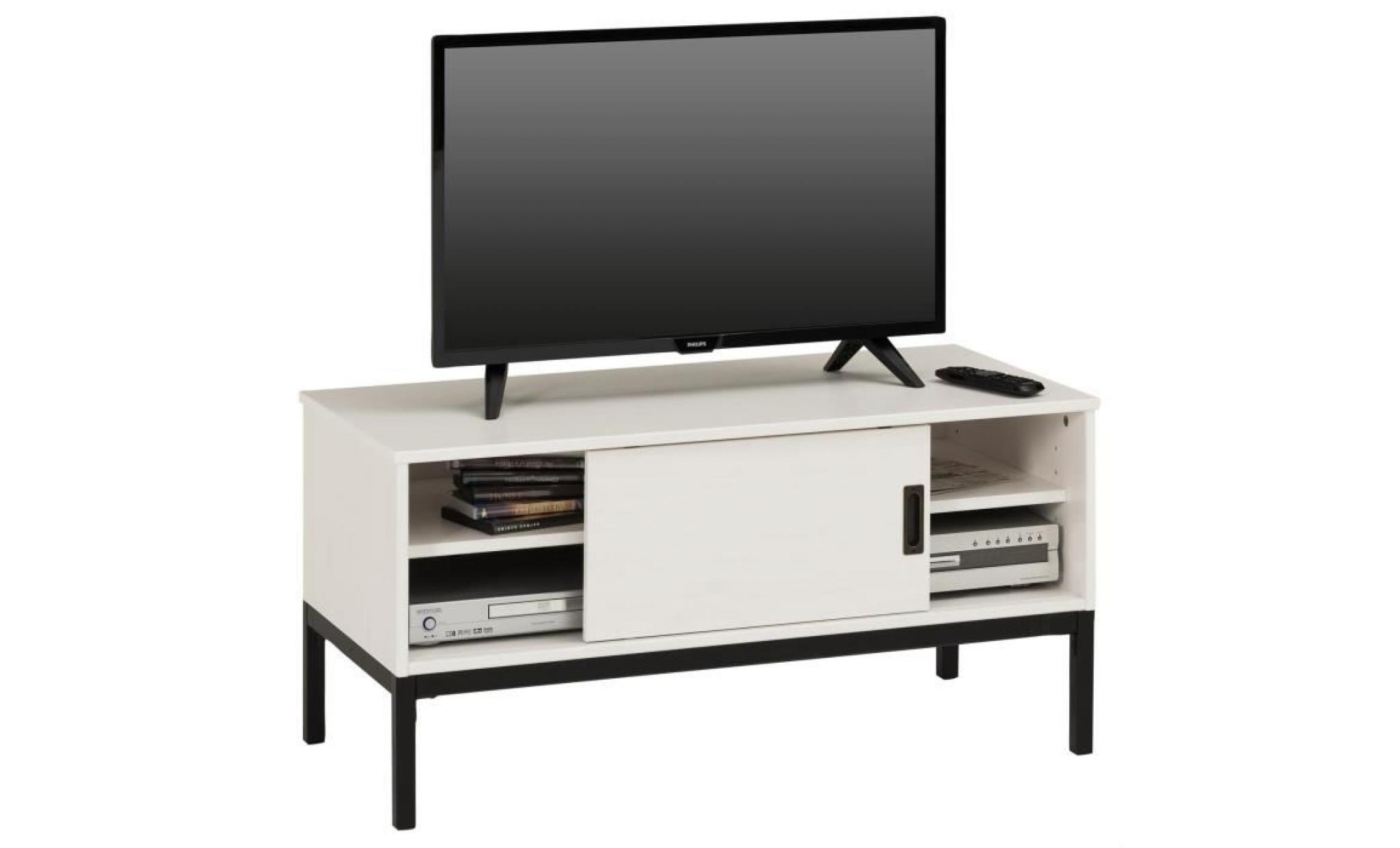 meuble tv selma banc télé de 98 cm au style industriel design vintage avec 1 porte coulissante, en pin massif lasuré blanc pas cher