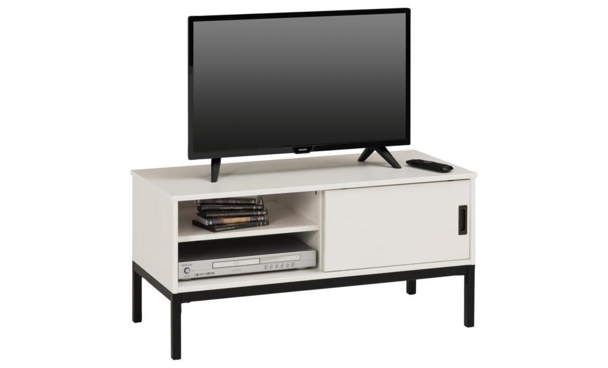 meuble tv selma banc télé de 98 cm au style industriel design vintage avec 1 porte coulissante, en pin massif lasuré blanc pas cher