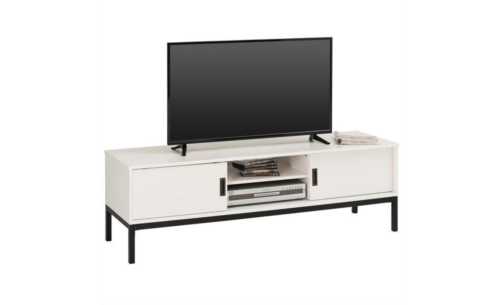 meuble tv selma banc télé de 145 cm au style industriel design vintage avec 2 portes coulissantes, en pin massif lasuré brun clair