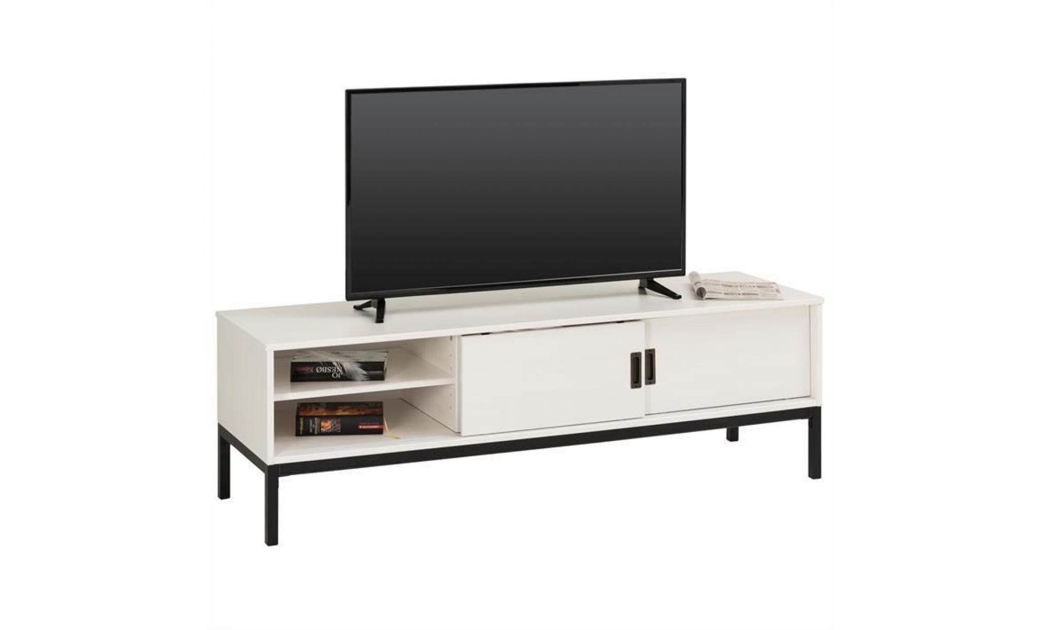 meuble tv selma banc télé de 145 cm au style industriel design vintage avec 2 portes coulissantes, en pin massif lasuré gris pas cher