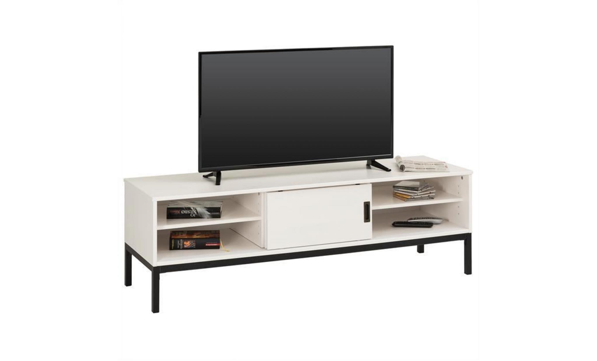 meuble tv selma banc télé de 145 cm au style industriel design vintage avec 2 portes coulissantes, en pin massif lasuré brun foncé pas cher