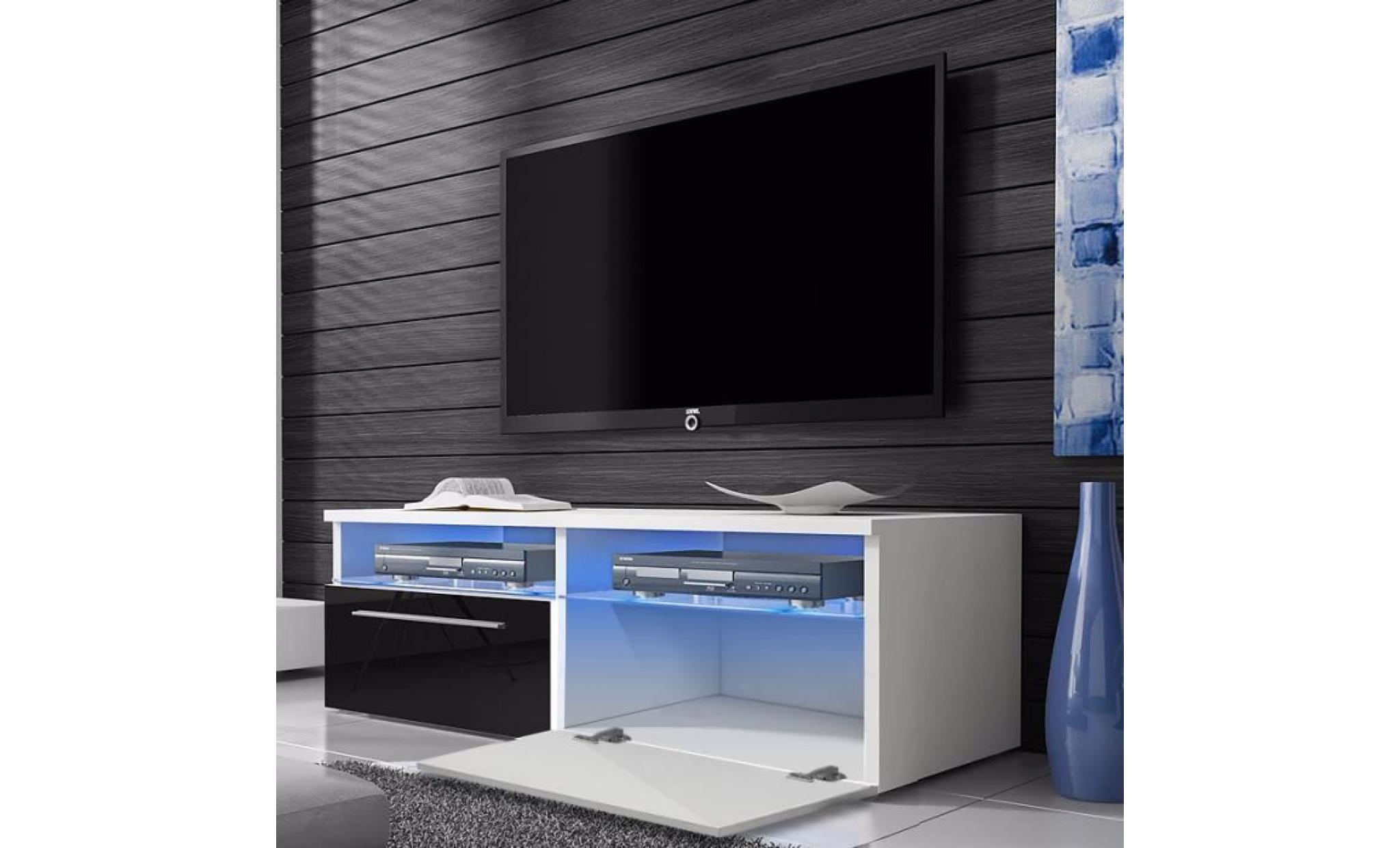 meuble tv / meuble salon   siena   100 cm   blanc mat / noir brillant   avec led bleue   style moderne   style classique pas cher