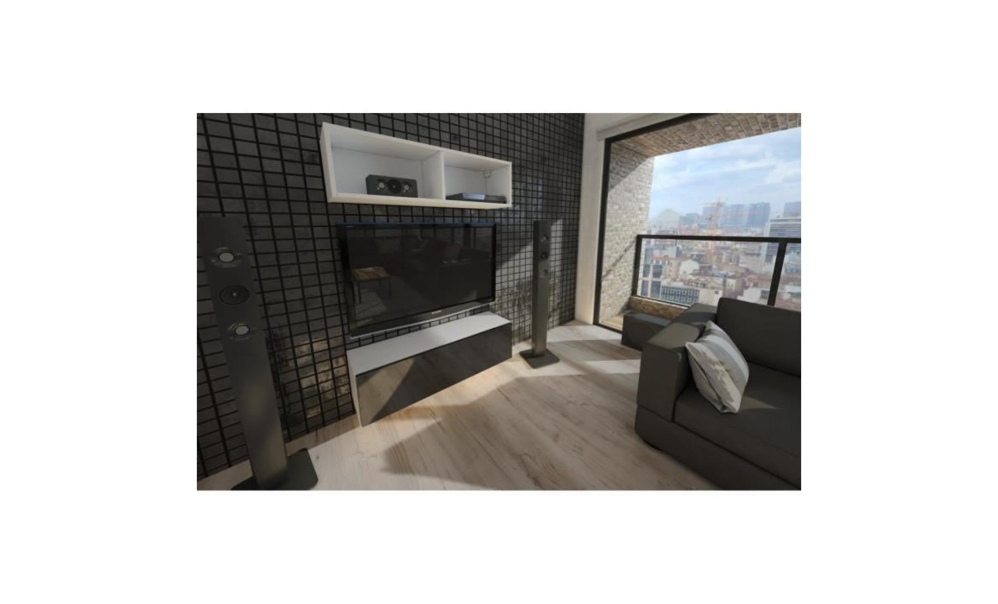 meuble tv suspendu 105 cm  blanc mat façade laqué avec led noir