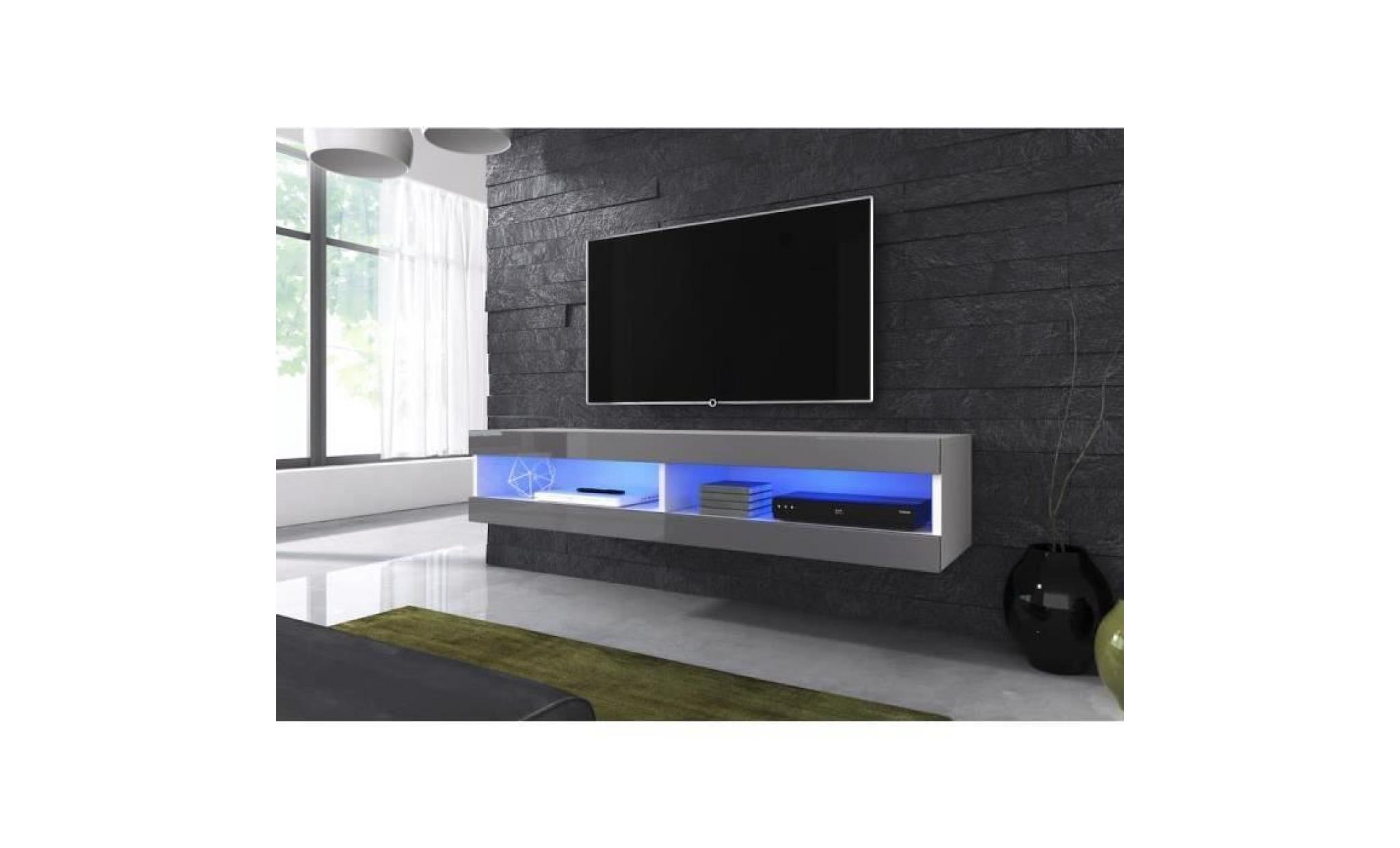 meuble tv suspendu blanc mat façade laqué gris avec led pas cher