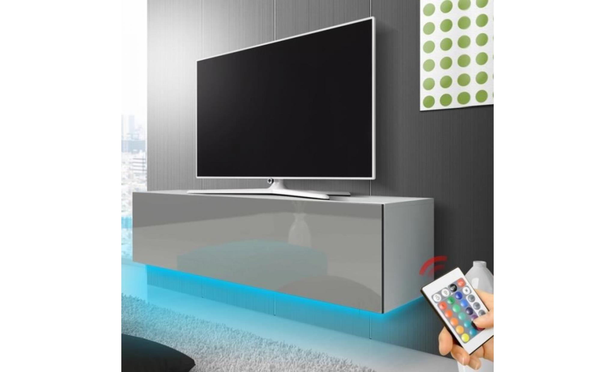 meuble tv suspendu   lana   140 cm   blanc mat / gris brillant   éclairage rbg multicolore   style moderne