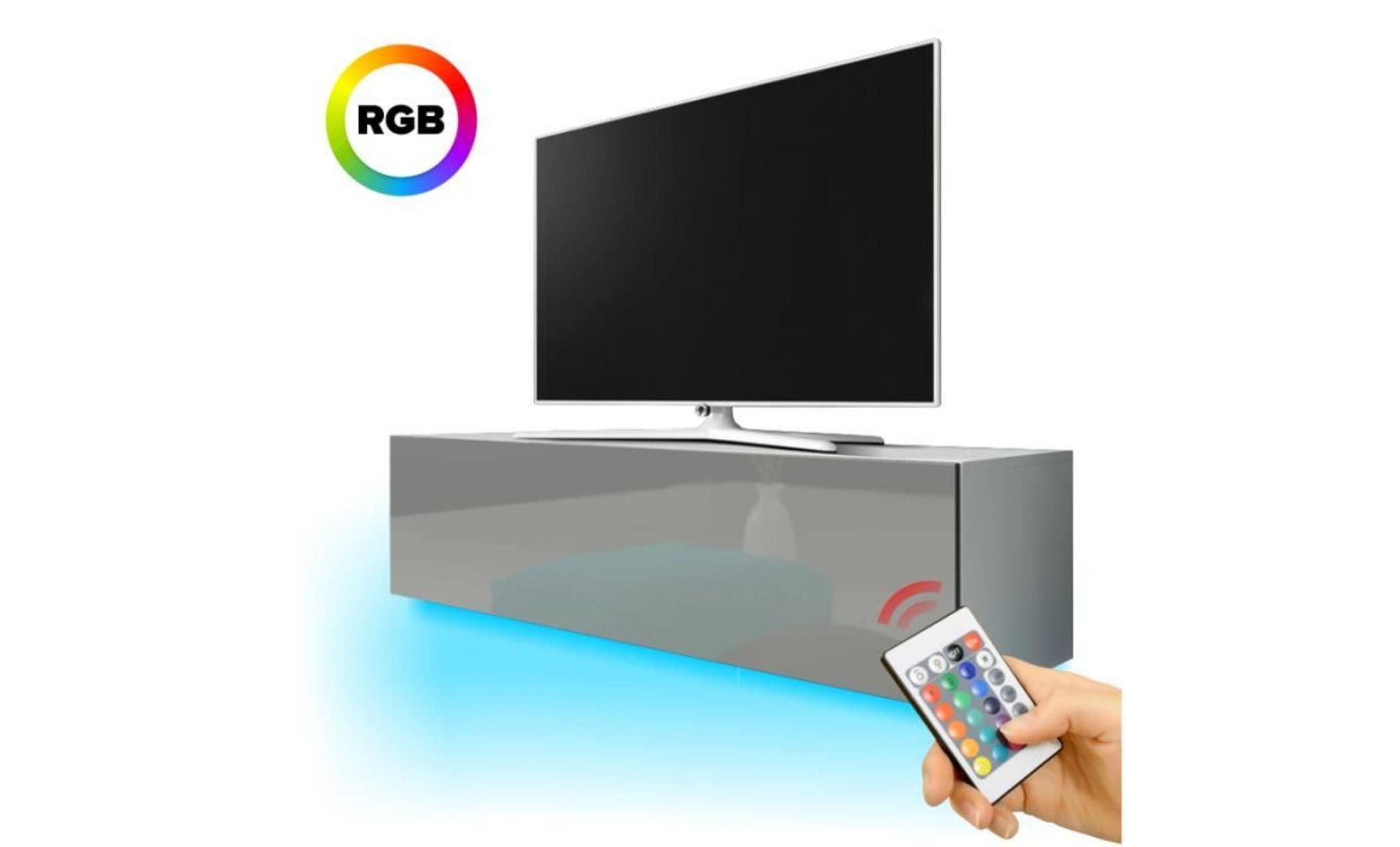 meuble tv suspendu   lana   140 cm   blanc mat / gris brillant   éclairage rbg multicolore   style moderne pas cher