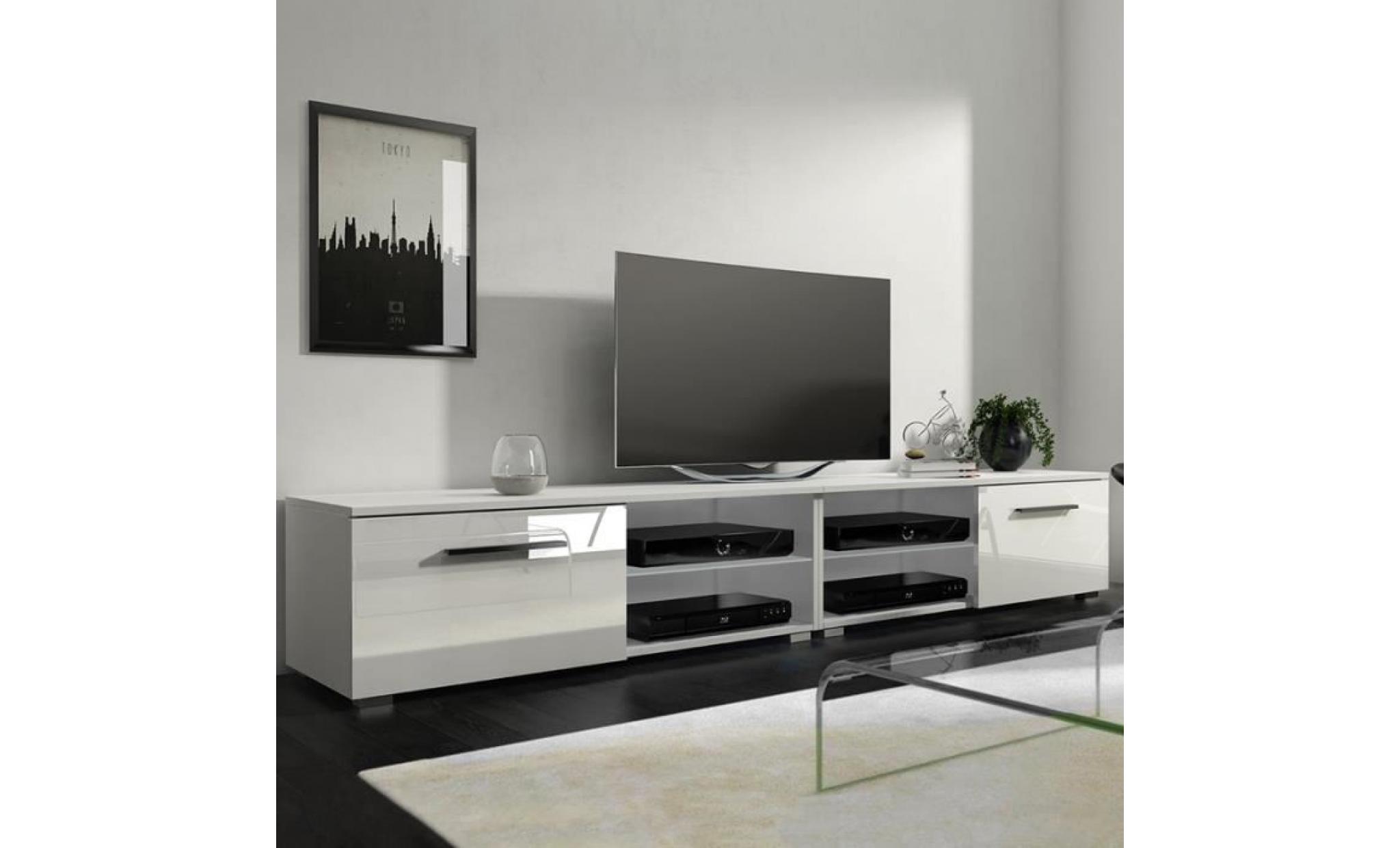 meuble tv / meuble salon   tenus double   2x100 cm   blanc mat / blanc brillant   sans led   style classique
