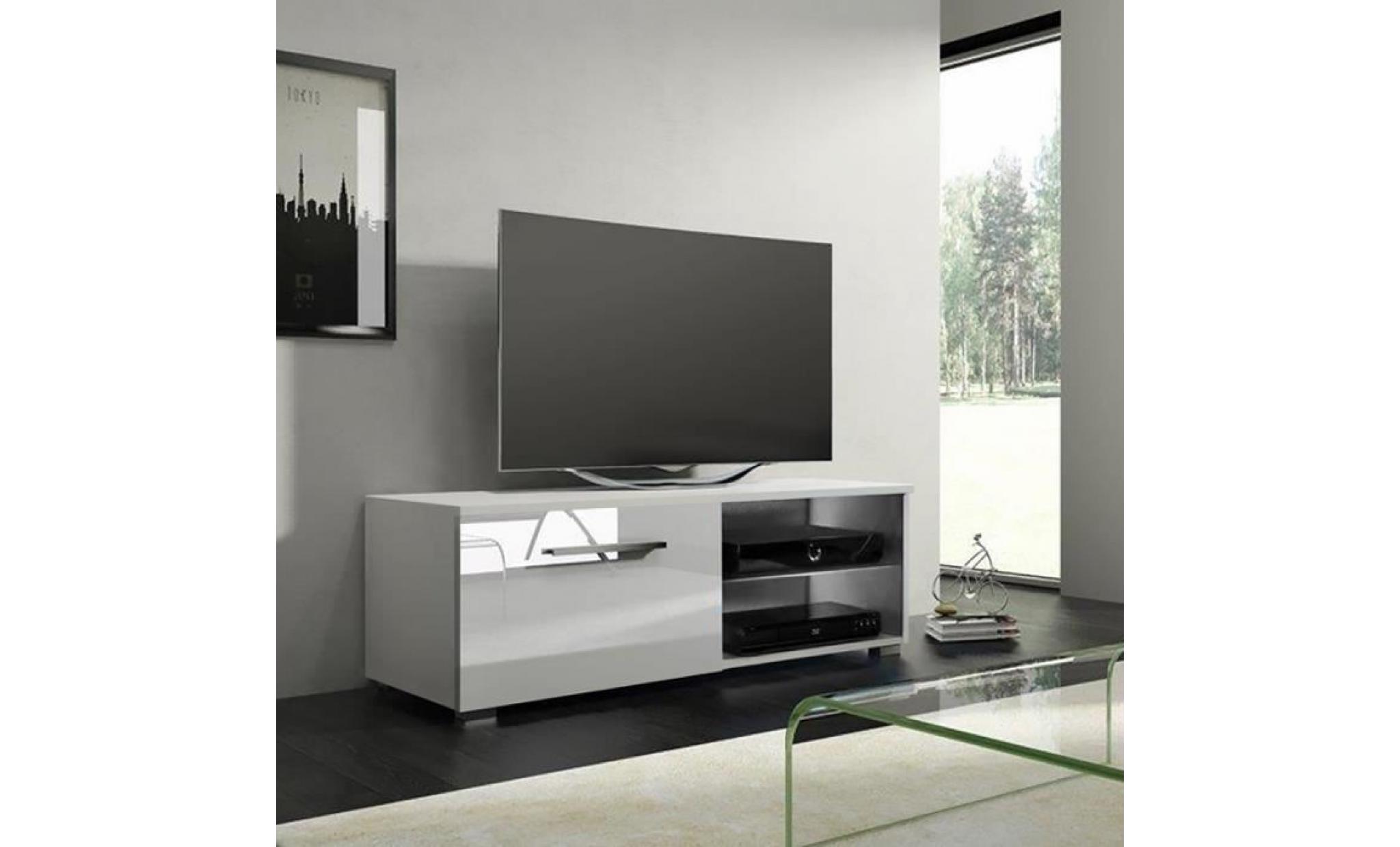 meuble tv / meuble salon   tenus single   100 cm   blanc mat / blanc brillant   avec led   2 compartiments ouverts   style classique