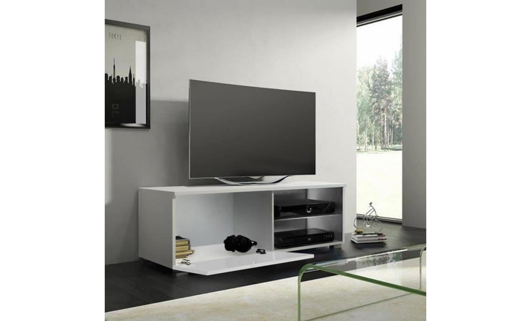 meuble tv / meuble salon   tenus single   100 cm   blanc mat / blanc brillant   avec led   2 compartiments ouverts   style classique pas cher