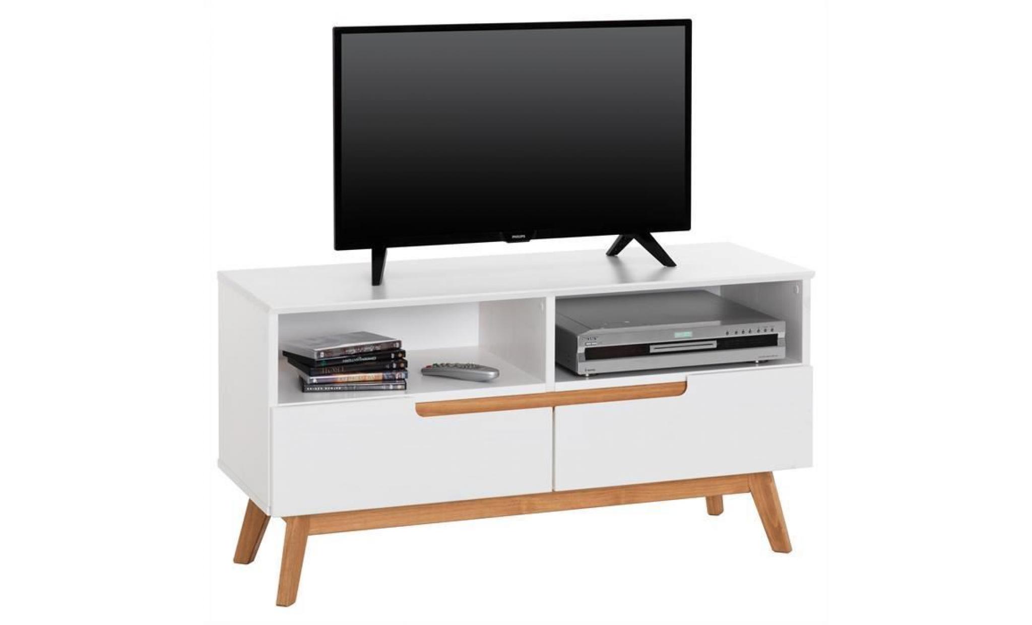 meuble tv tibor banc télé de 109 cm au style scandinave design vintage nordique avec 2 tiroirs 2 niches, en pin massif lasuré gris
