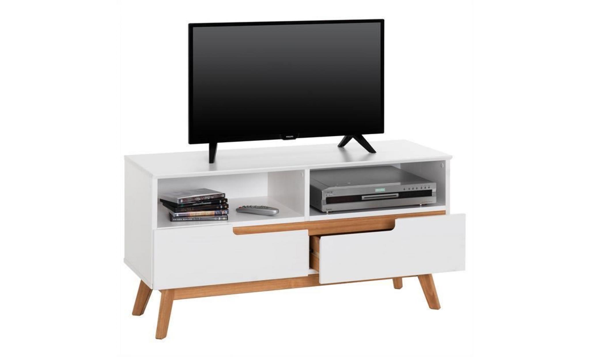meuble tv tibor banc télé de 109 cm au style scandinave design vintage nordique avec 2 tiroirs et 2 niches, en pin massif bois ciré pas cher