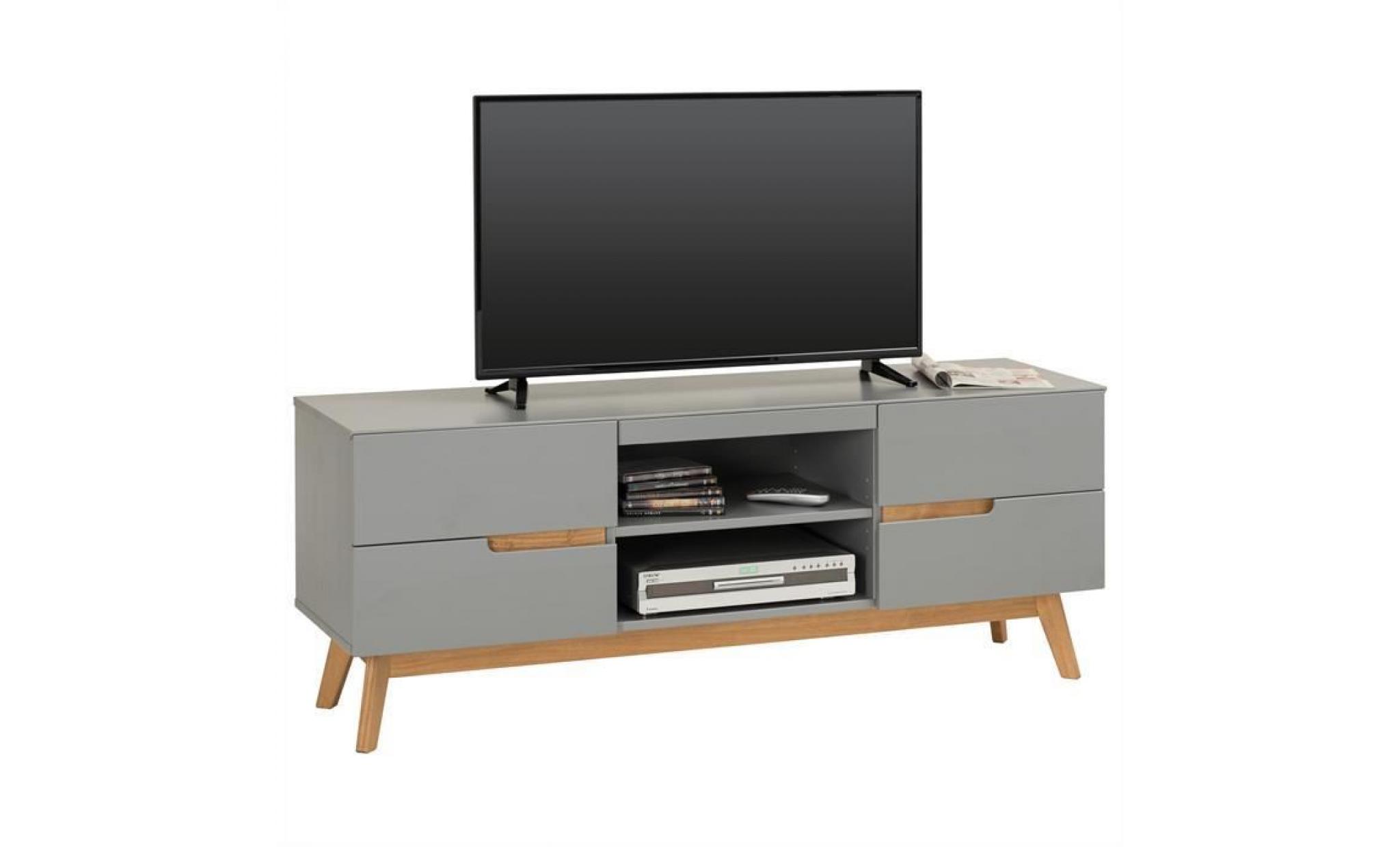 meuble tv tibor banc télé de 149 cm au style scandinave design vintage nordique avec 4 tiroirs et 2 niches, en pin massif bois ciré