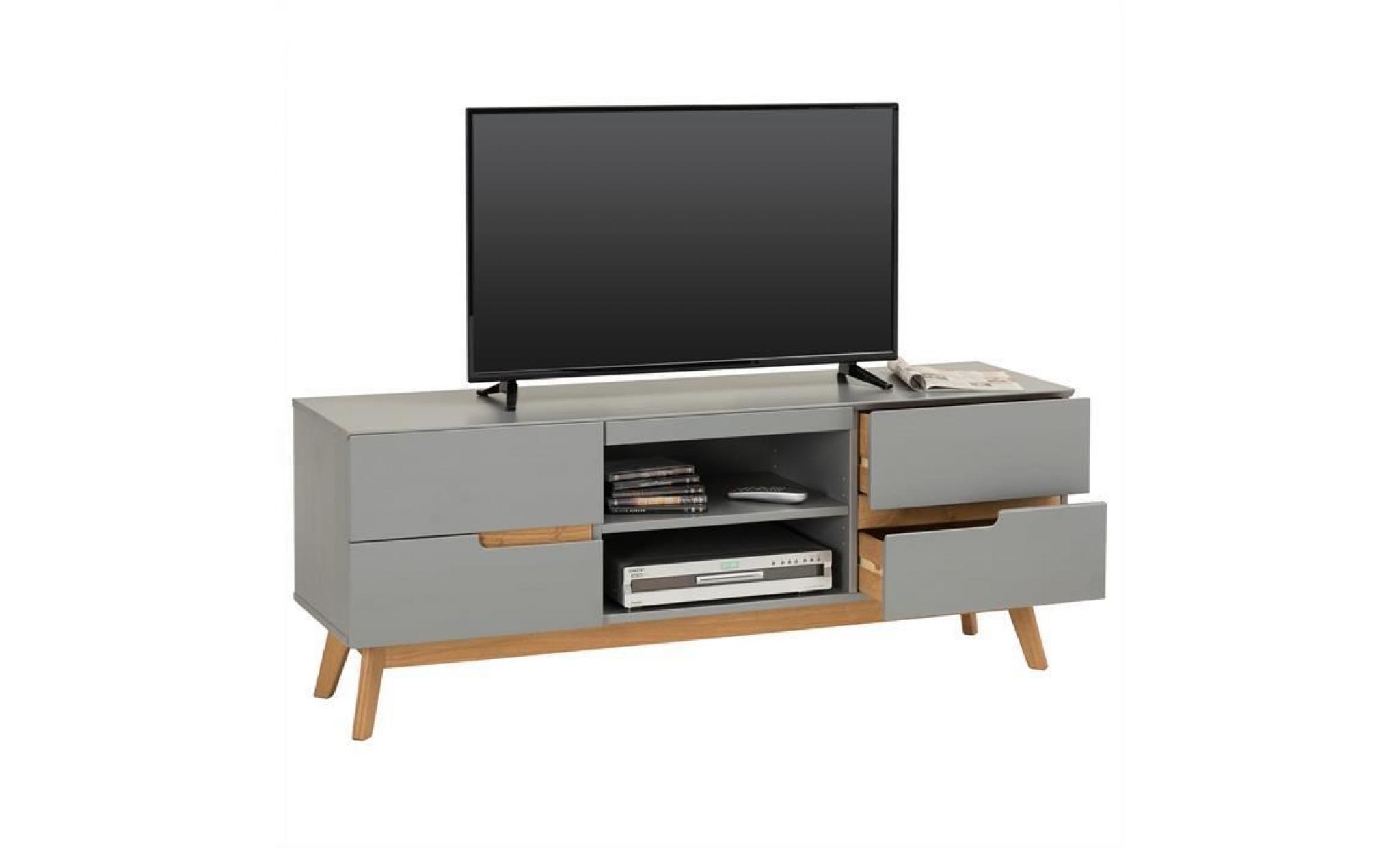 meuble tv tibor banc télé de 149 cm au style scandinave design vintage nordique avec 4 tiroirs et 2 niches, en pin massif bois ciré pas cher