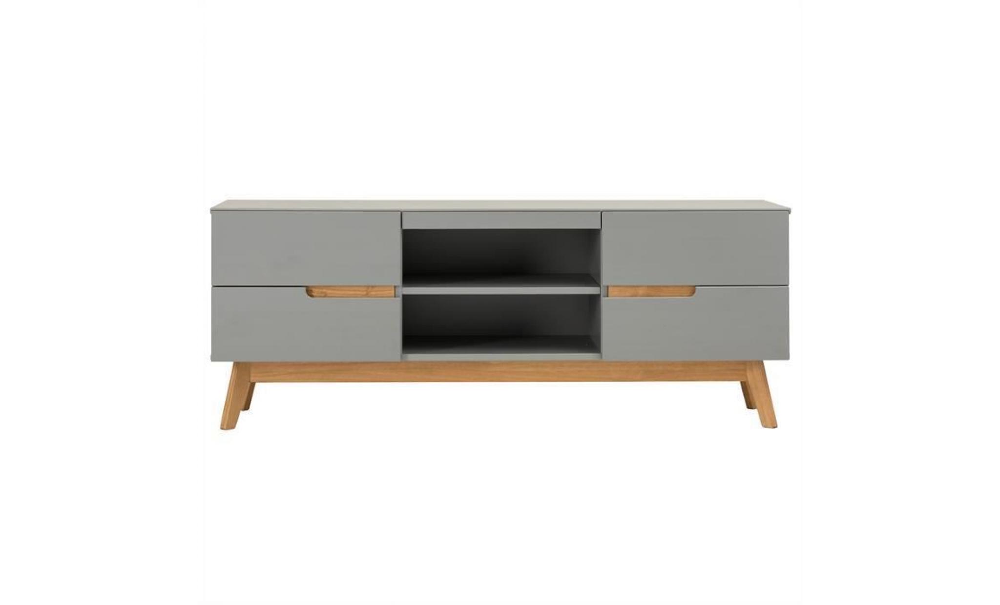 meuble tv tibor banc télé de 149 cm au style scandinave design vintage nordique avec 4 tiroirs et 2 niches, en pin massif bois ciré pas cher