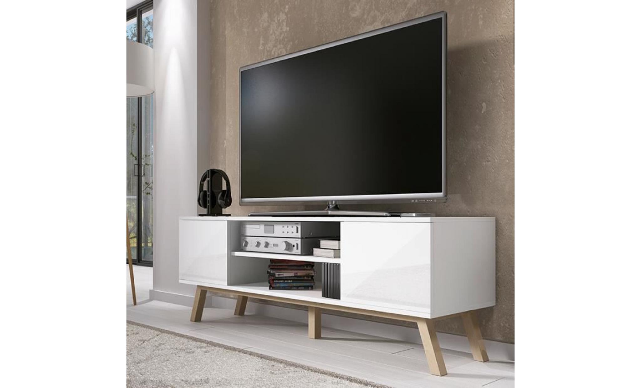 meuble tv / meuble salon   vero bois   150 cm   blanc mat / blanc brillant   style scandi   pieds de hêtre huilé