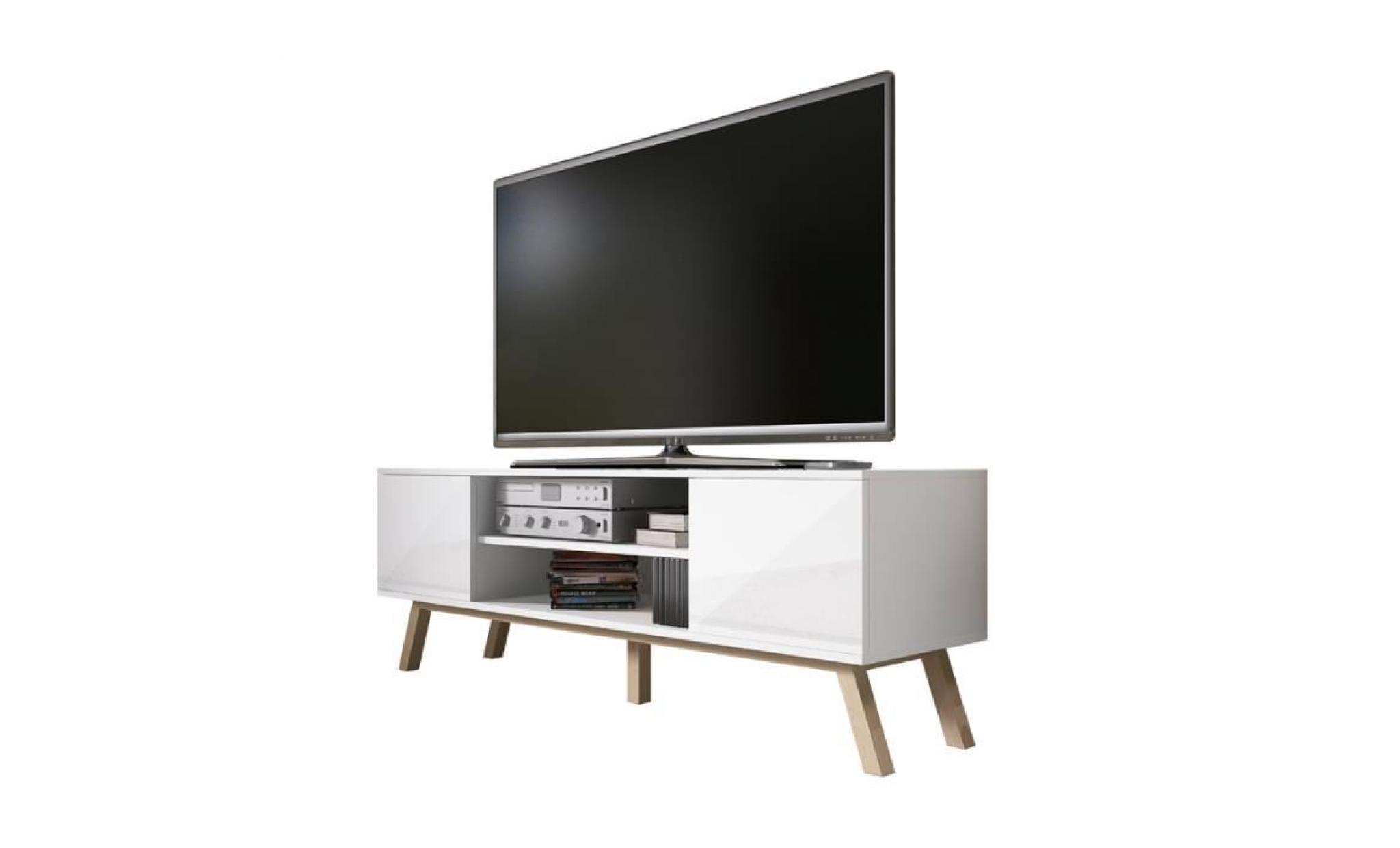 meuble tv / meuble salon   vero bois   150 cm   blanc mat / blanc brillant   style scandi   pieds de hêtre huilé pas cher