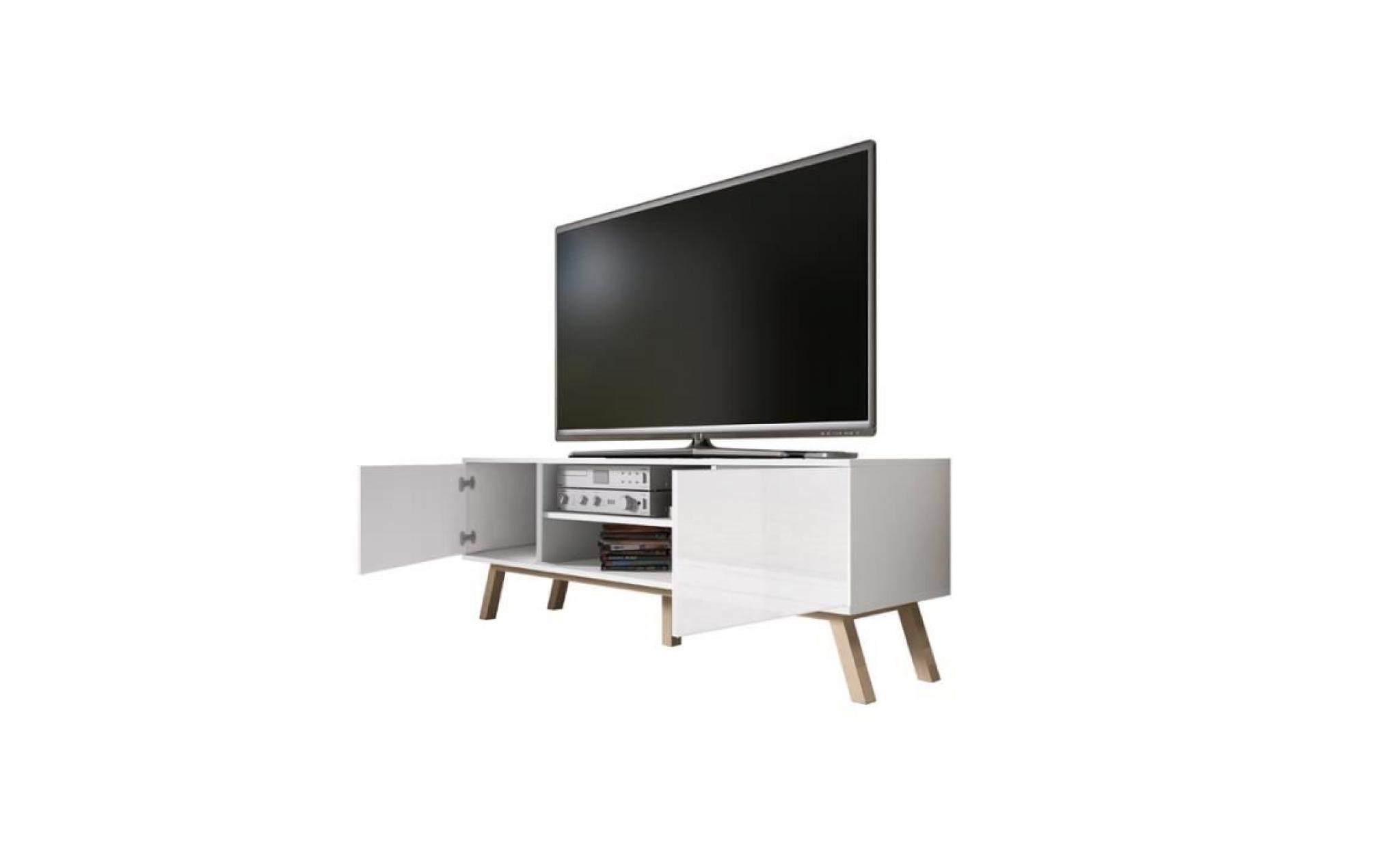 meuble tv / meuble salon   vero bois   150 cm   blanc mat / blanc brillant   style scandi   pieds de hêtre huilé pas cher