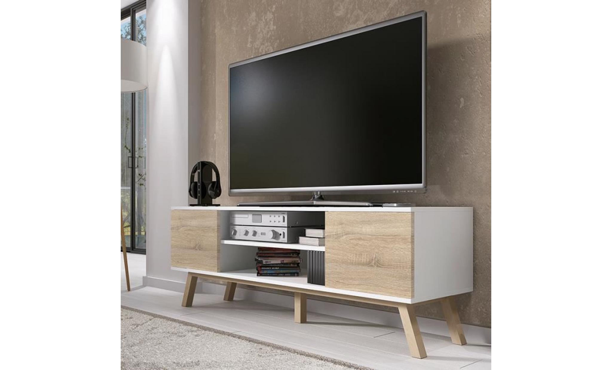 meuble tv / meuble salon   vero bois   150 cm   blanc mat / effet chêne   style scandi   pieds de hêtre huilé