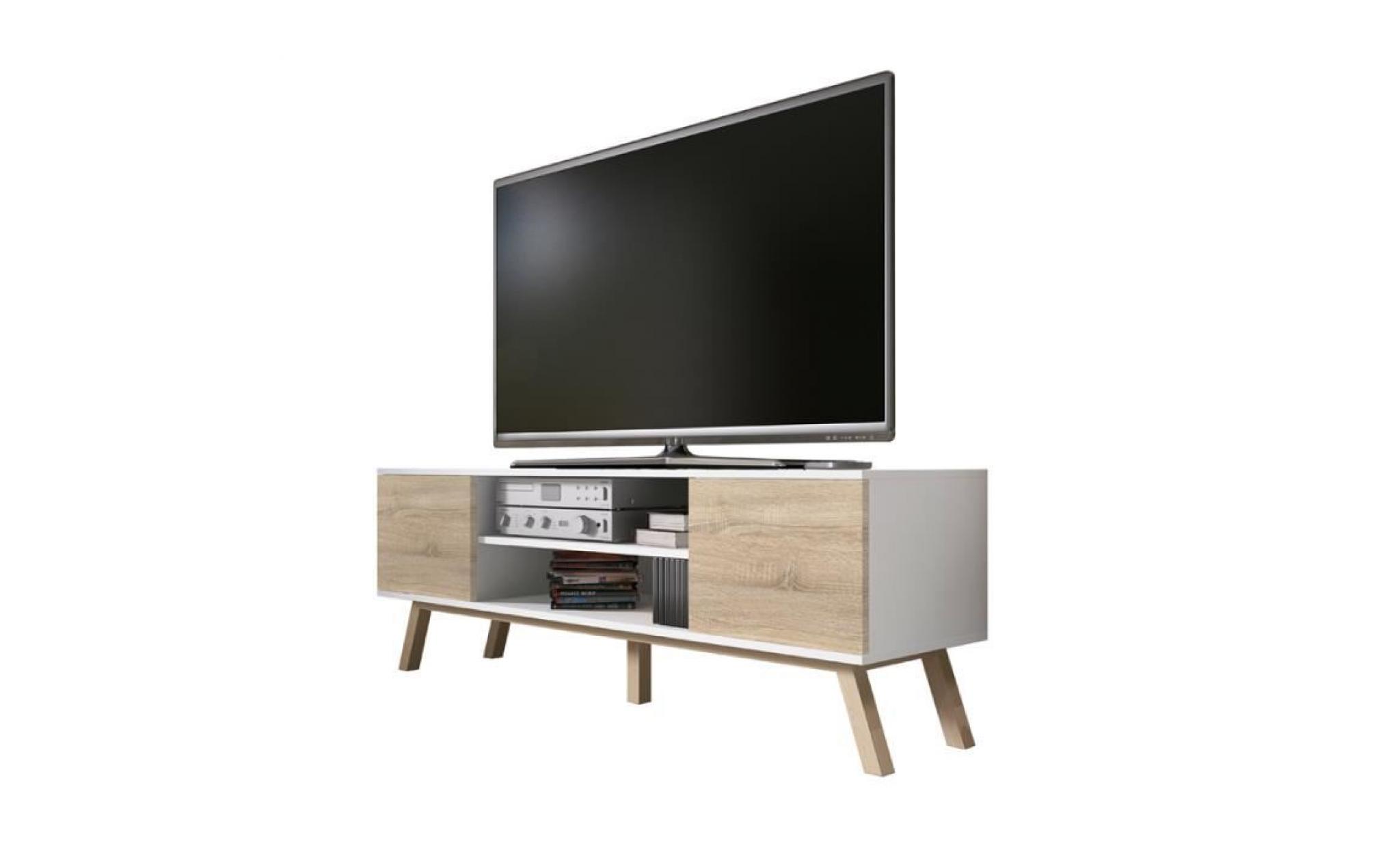 meuble tv / meuble salon   vero bois   150 cm   blanc mat / effet chêne   style scandi   pieds de hêtre huilé pas cher