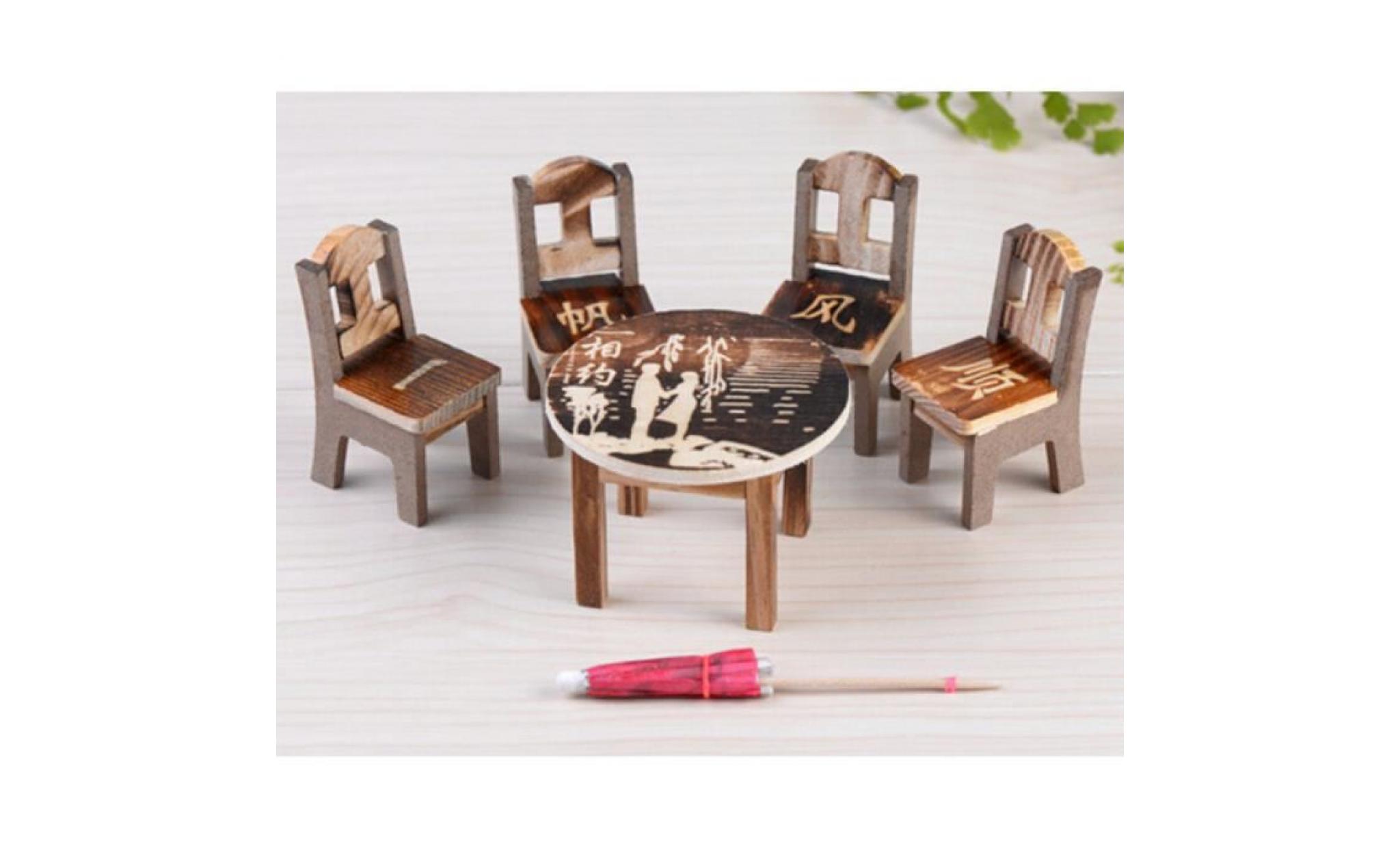 miniature en bois bureau + chaise + parasol fée jardin ornement artisanat décor pas cher