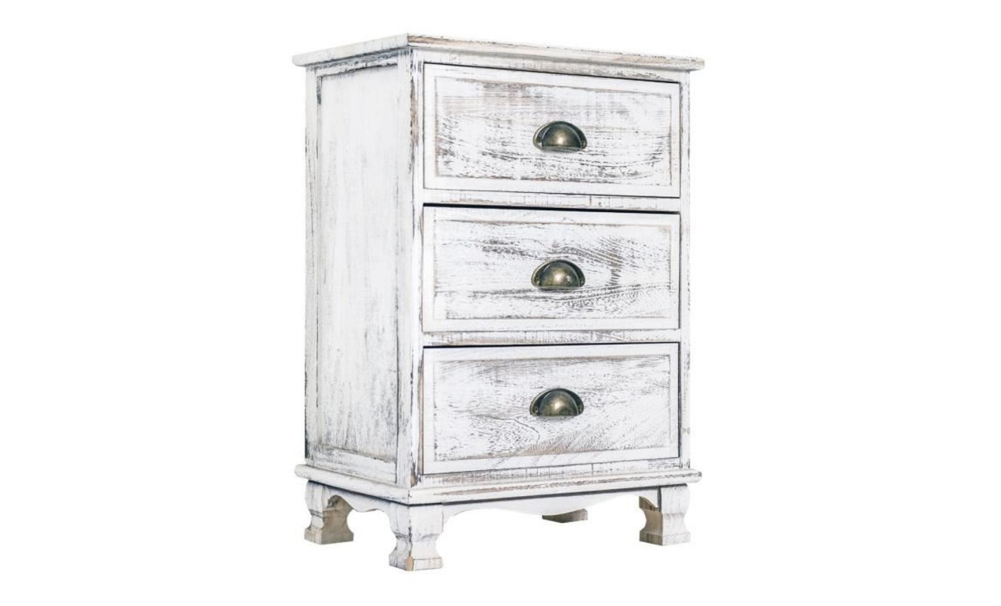 mobili rebecca® commode meuble de chevet 3 tiroirs bois blanc vintage shabby chic chambre salon pas cher