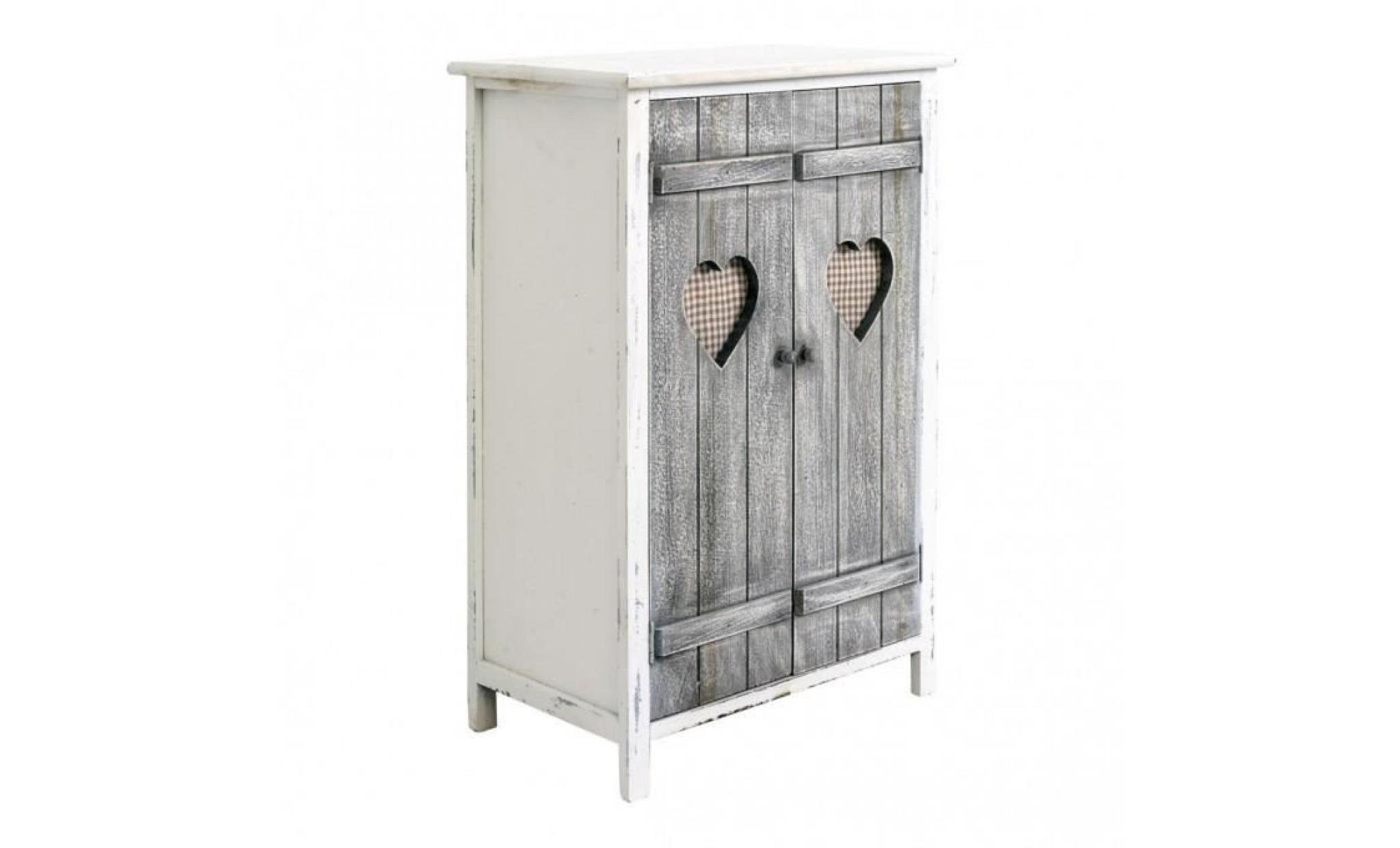 mobili rebecca® meuble d'appoint bahut 2 ports bois blanc gris motif coeur shabby cuisine bain pas cher