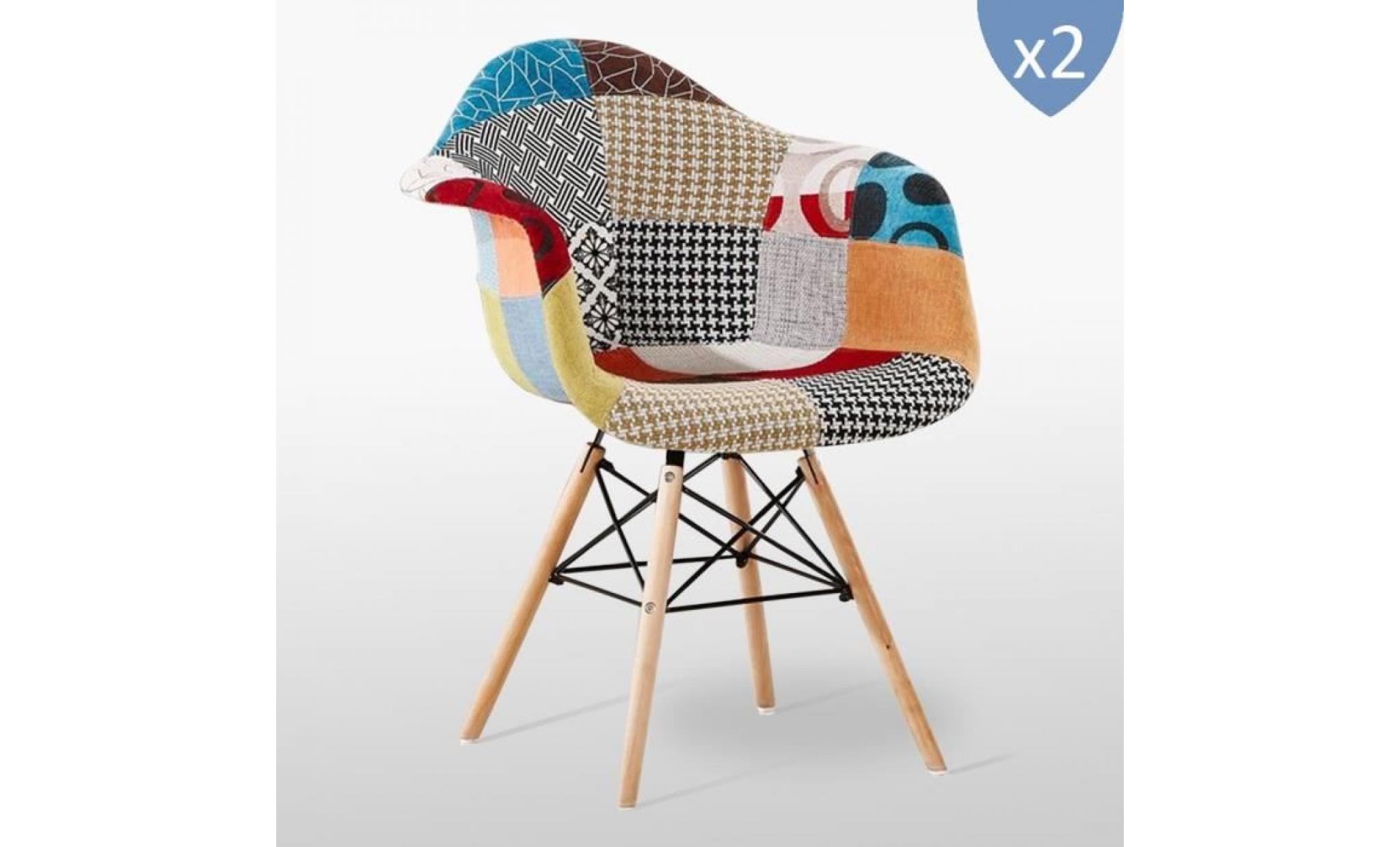 moda lot de 2 chaises design en tissu patchwork, pieds en bois, motifs géométriques