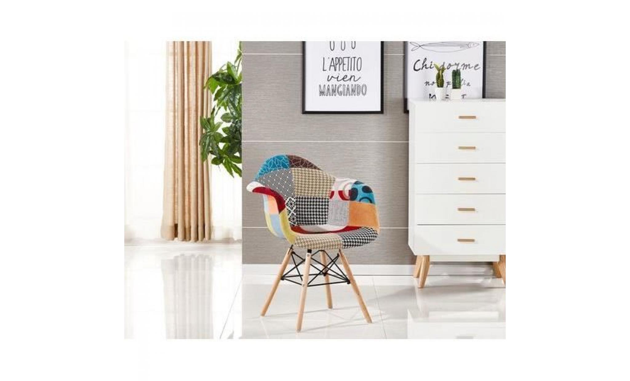moda lot de 2 chaises design en tissu patchwork, pieds en bois, motifs géométriques pas cher