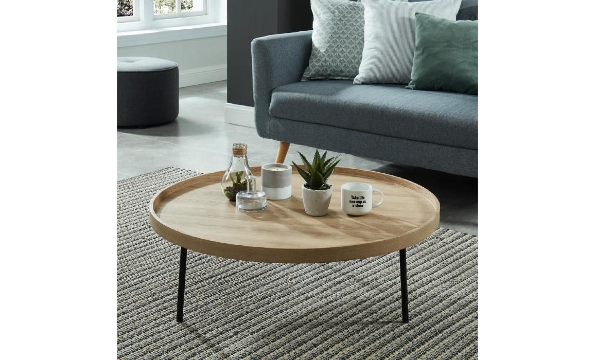 moon table basse ronde style industriel décor chêne et pieds métal noir laqué   Ø 90 cm pas cher