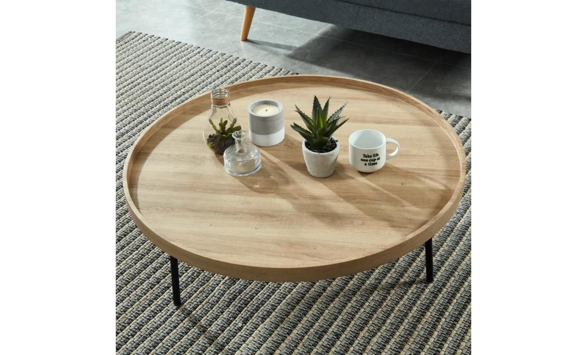 moon table basse ronde style industriel décor chêne et pieds métal noir laqué   Ø 90 cm pas cher