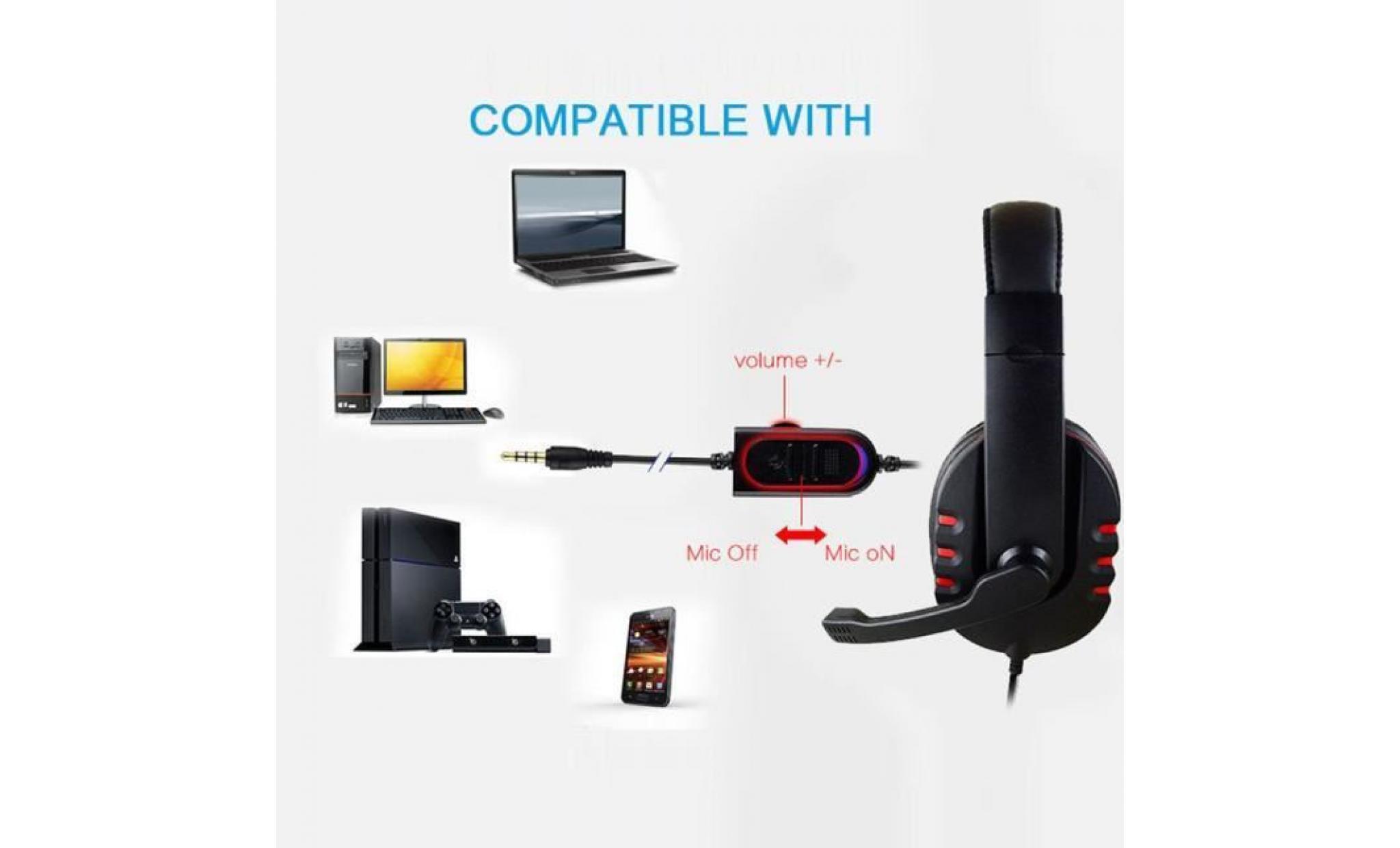 new gaming headset commande vocale filaire hi fi qualité sonore pour ps4 noir + rouge casque de musique 169
