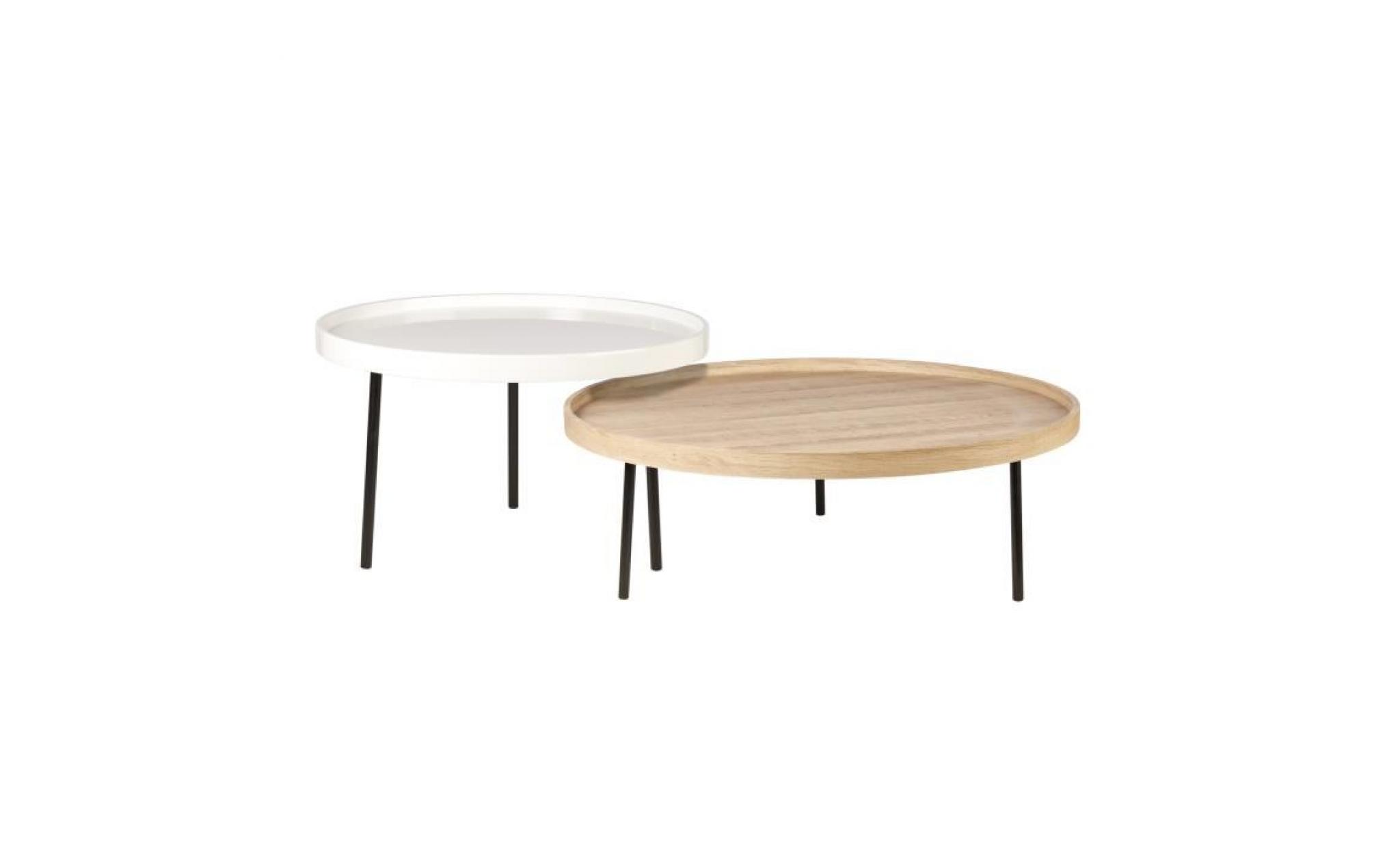 nybro 2 tables basses rondes style contemporain décor blanc et chêne avec pieds en métal noir   l 65 x l 65 cm et l 90 x l 90 cm