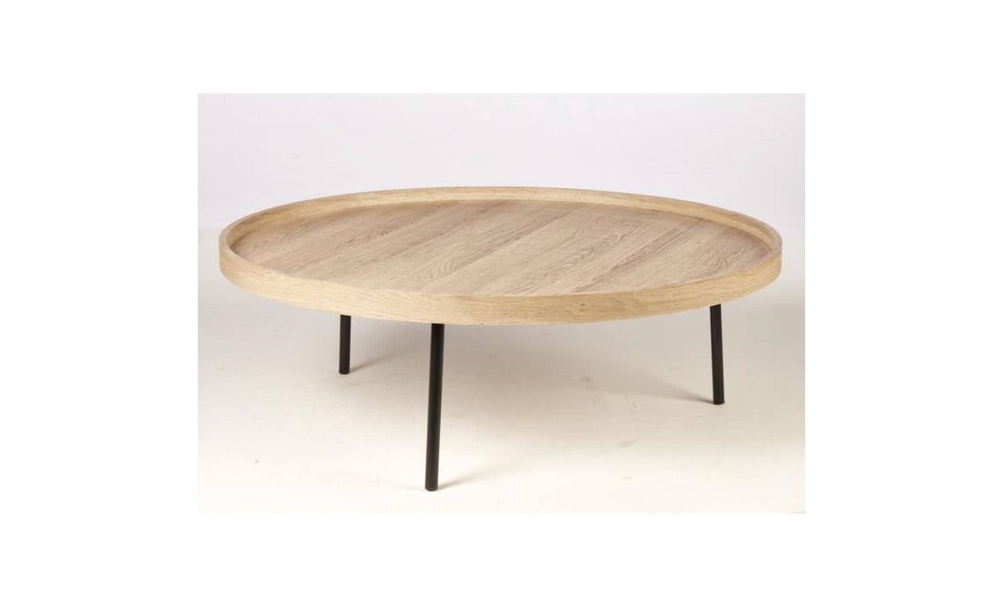 nybro 2 tables basses rondes style contemporain décor blanc et chêne avec pieds en métal noir   l 65 x l 65 cm et l 90 x l 90 cm pas cher
