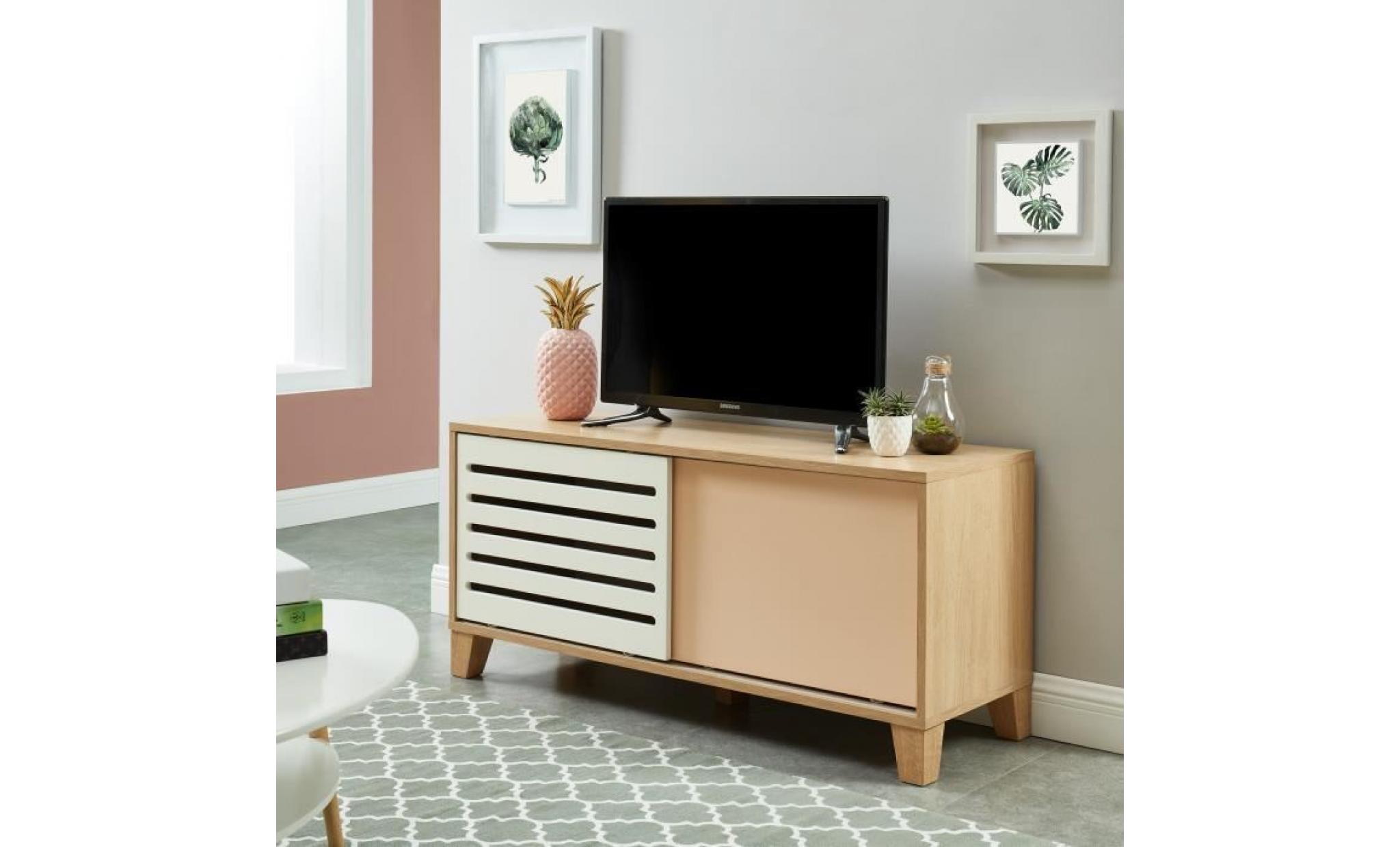 openwork meuble tv scandinave décor chêne, blanc et vert   l 120 cm pas cher