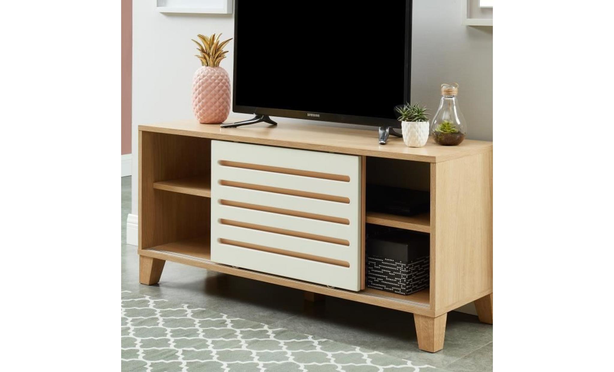 openwork meuble tv scandinave décor chêne, blanc et rose   l 120 cm pas cher