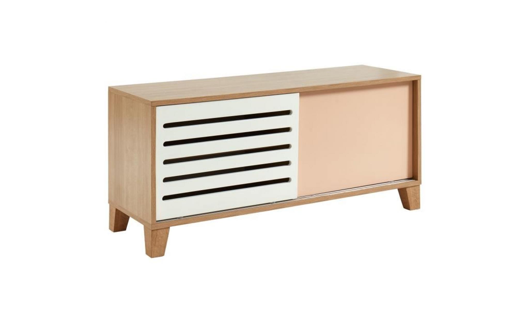openwork meuble tv scandinave décor chêne, blanc et rose   l 120 cm pas cher