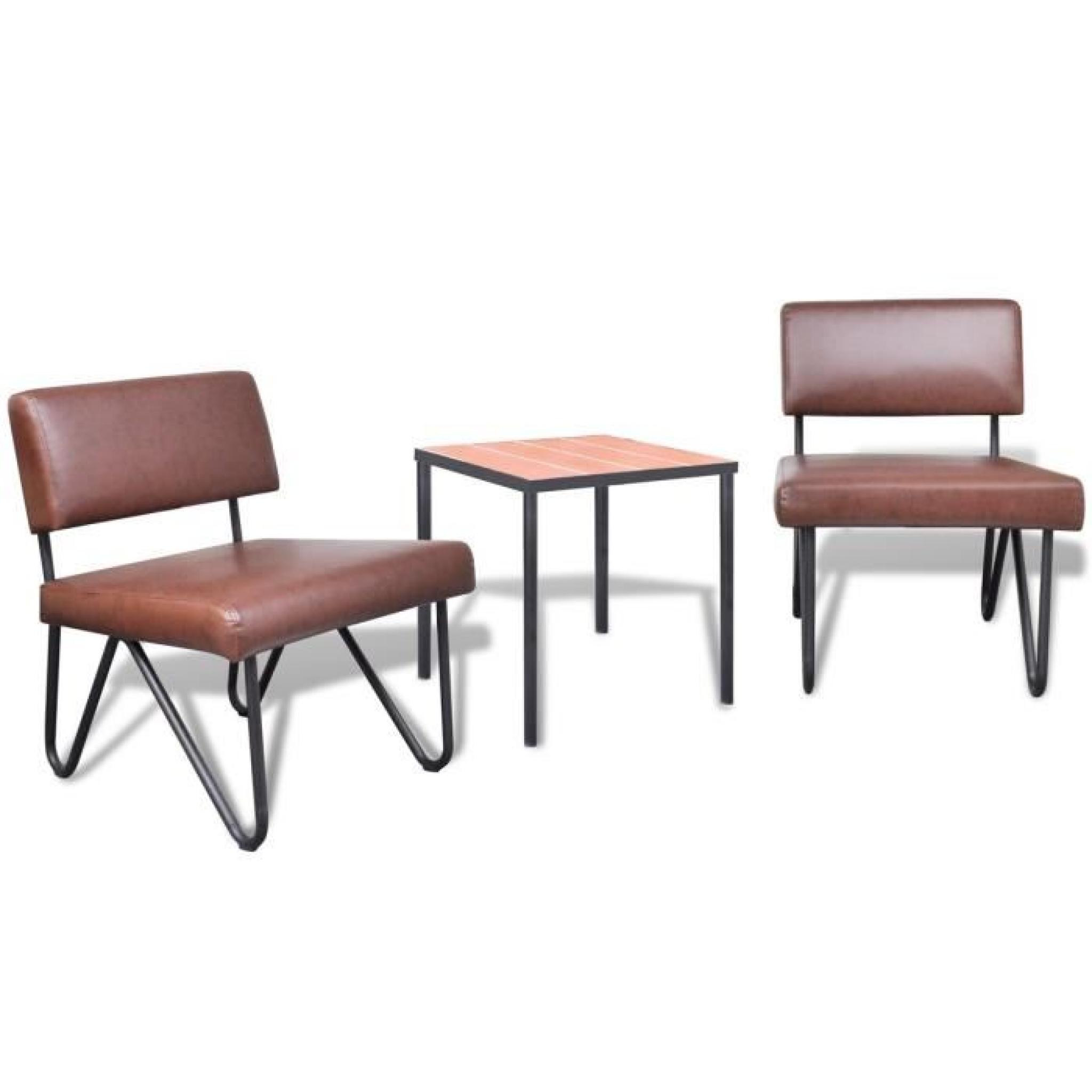 P128 Chaise en cuir artificiel luxueuse 2 chaises 1 table Brun