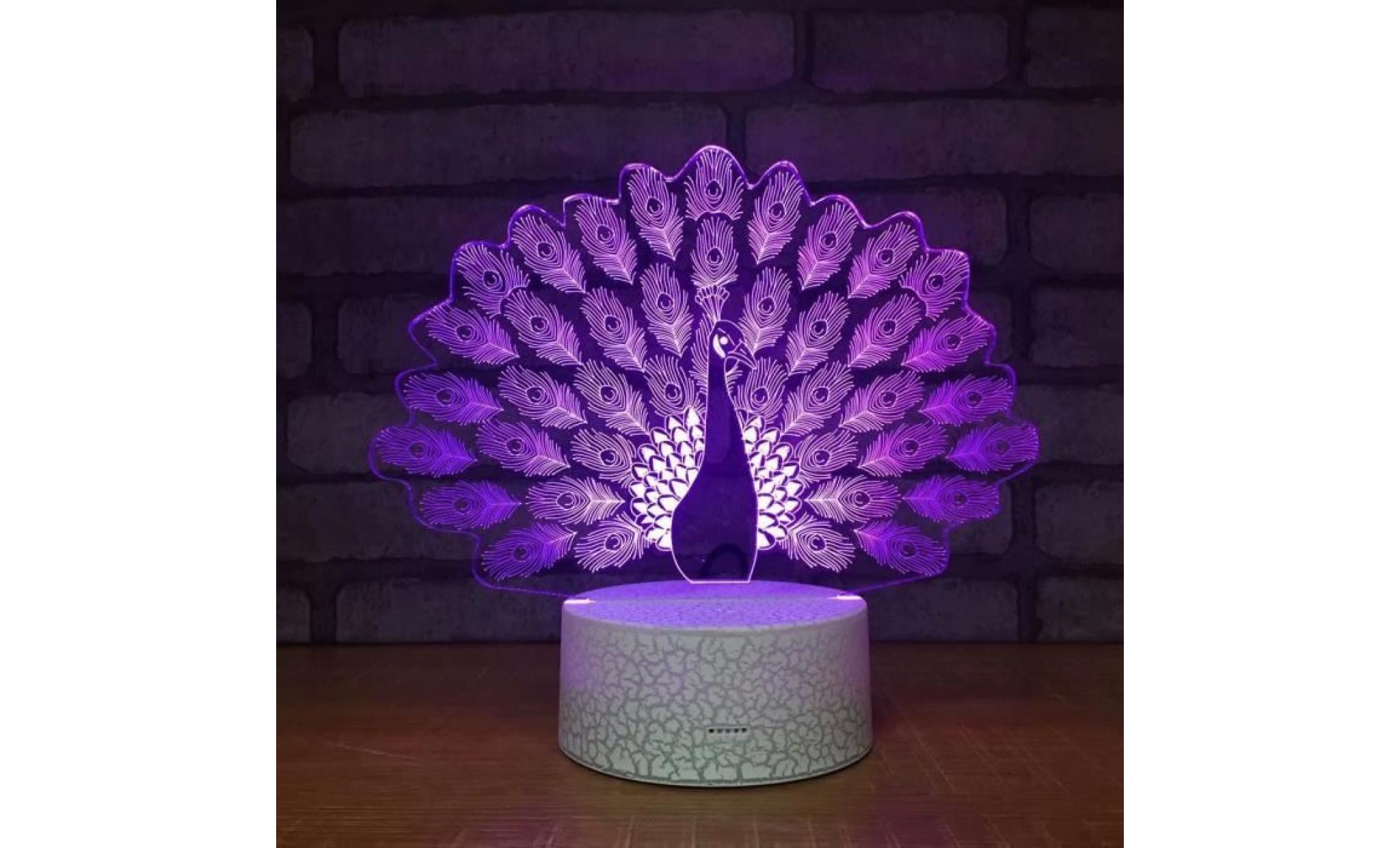 paon en forme de lumière de nuit 3d burst texture base led 7 couleurs tactile lampe de table