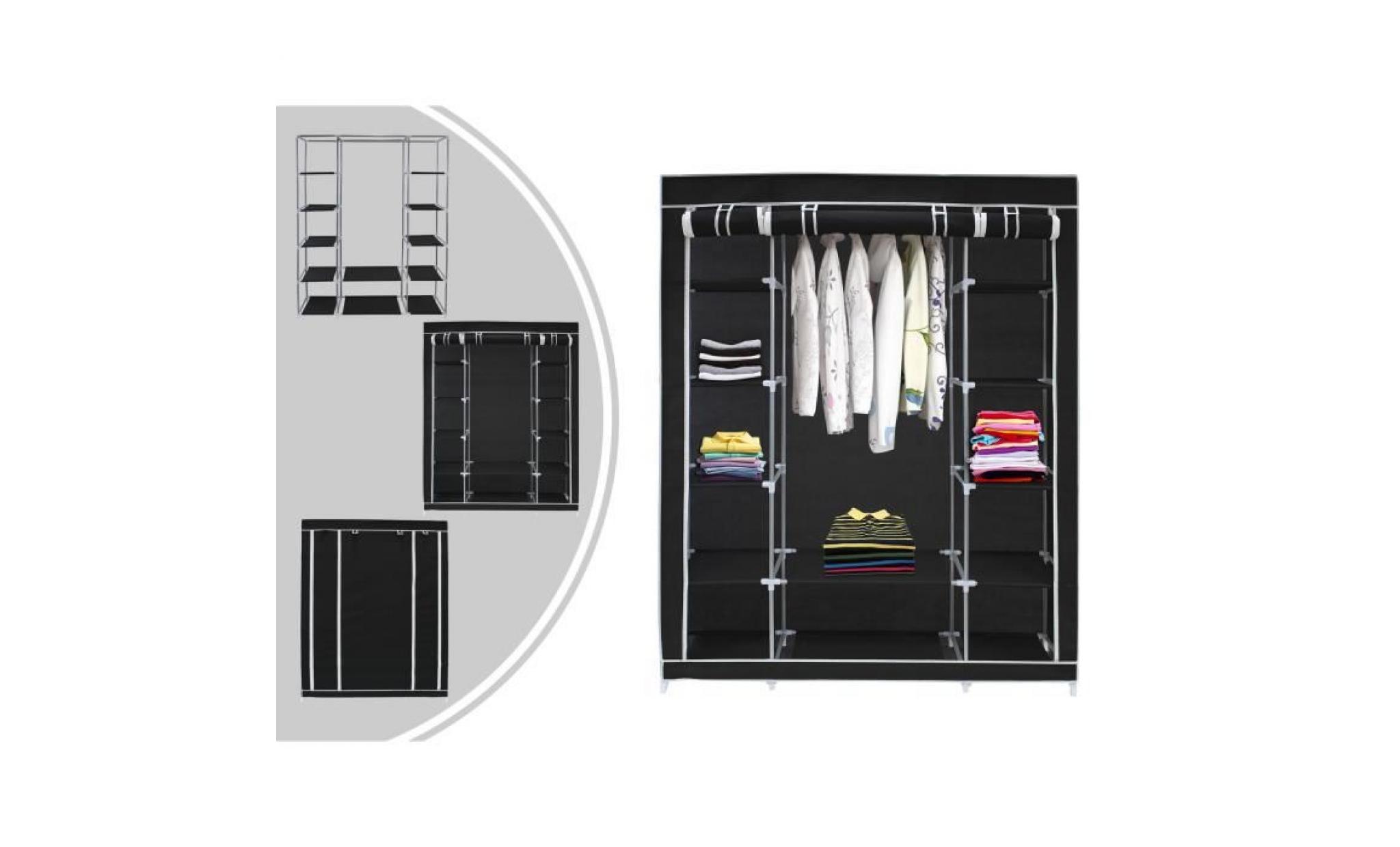 penderie, armoire, 3 portes, 172 x 134 x 43 cm, noir, roues, matériau:  tubes en acier inoxydable
