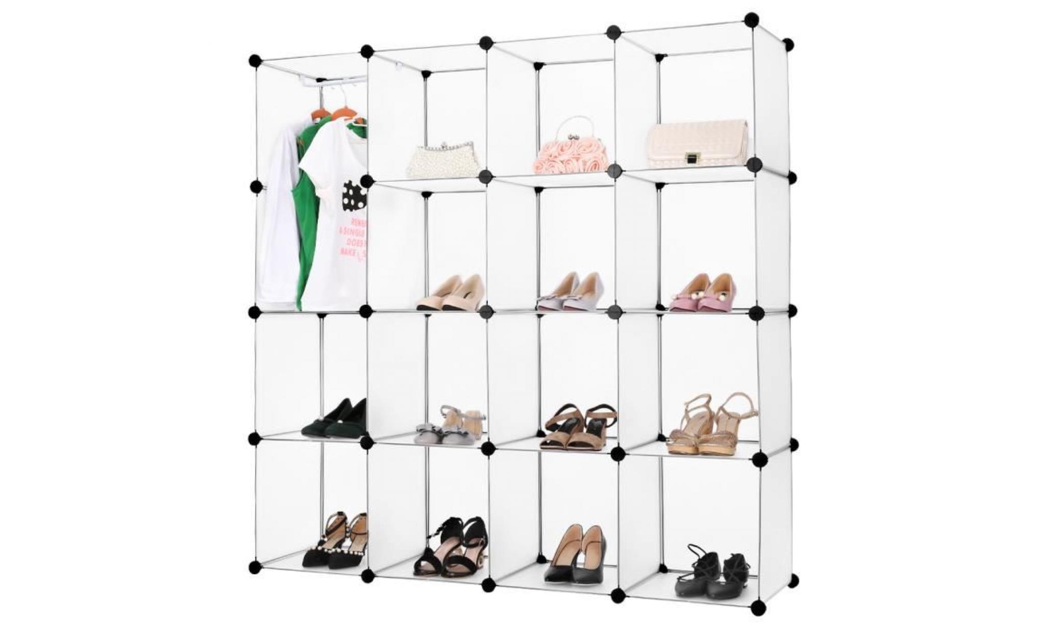 penderie etagère à chaussures modulable 16 cubes avec modules en plastique blanc translucide langria