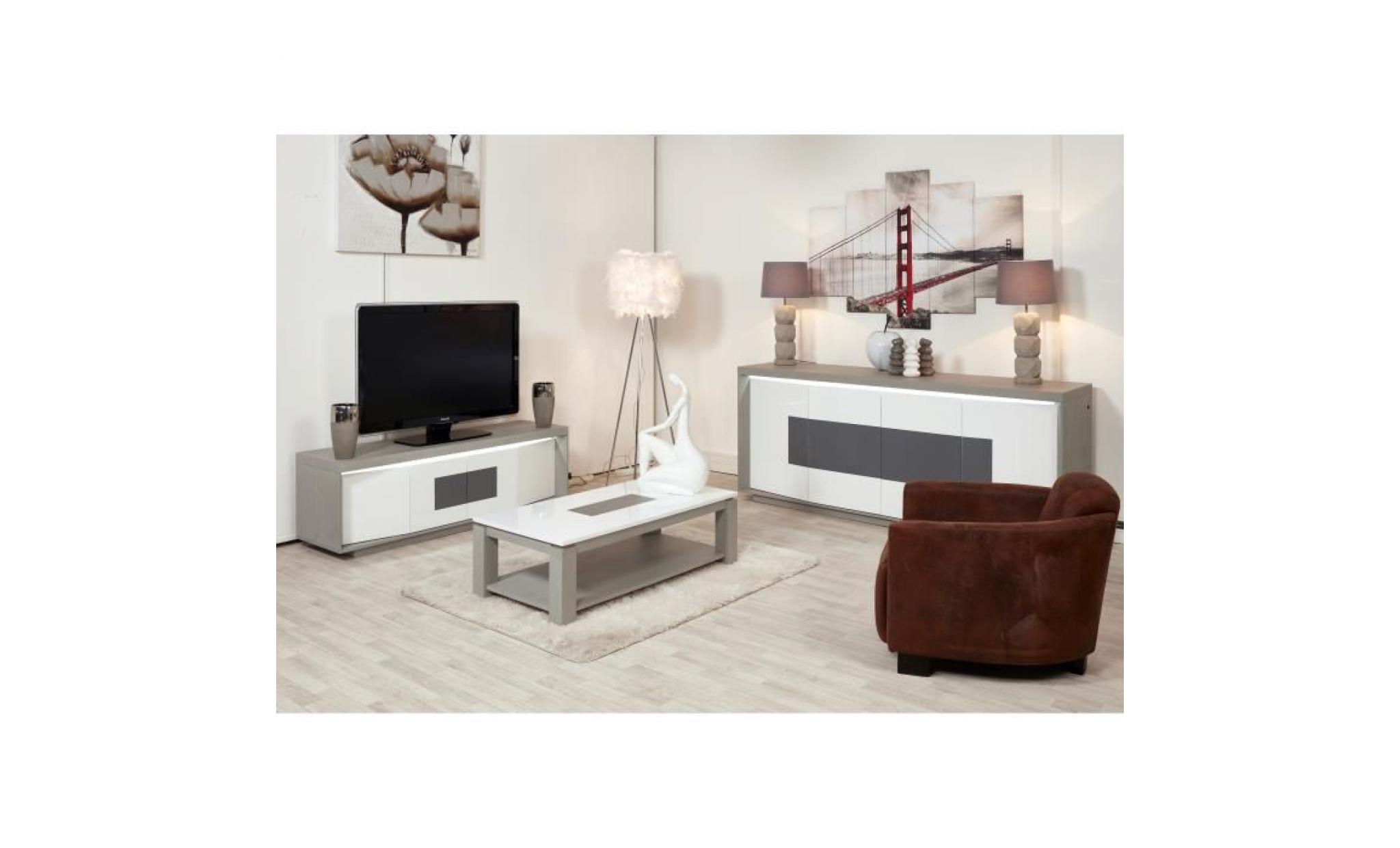 plymouth meuble tv led contemporain laqué blanc et placage bois chêne gris + insert en céramique gris   l 160 cm pas cher
