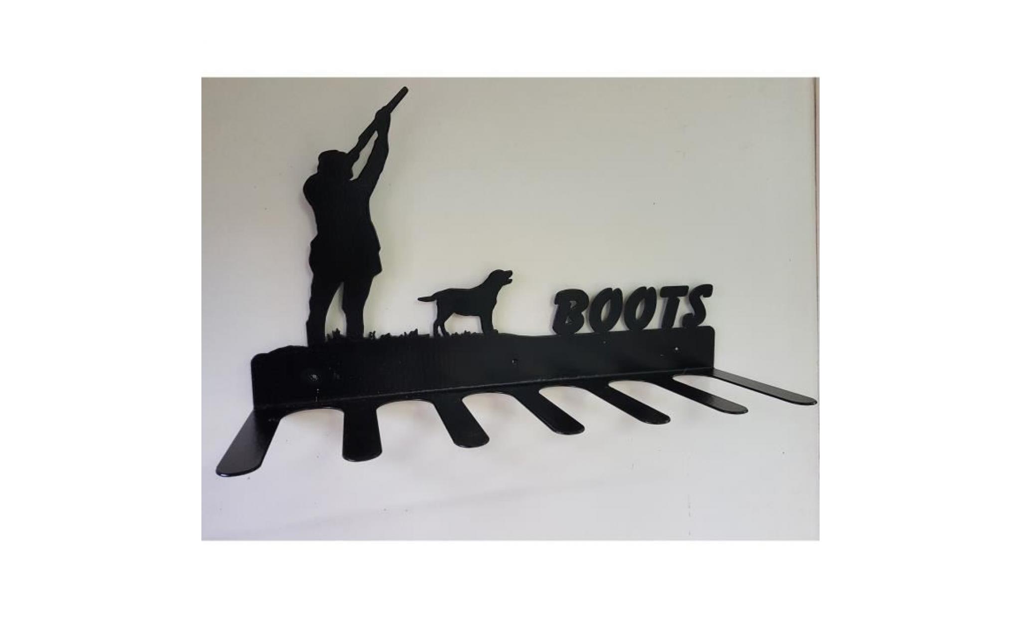 porte bottes mural en acier représentant un chasseur et son chien