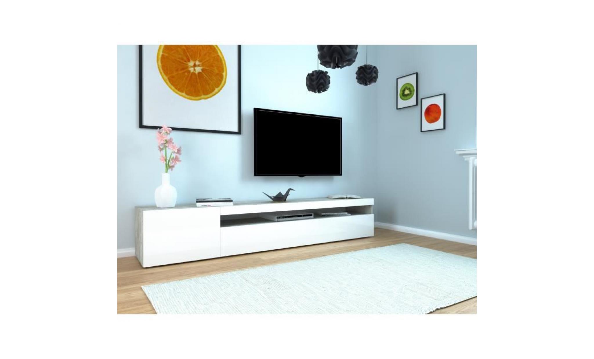 potenza meuble tv contemporain mélaminé blanc et béton   l 200 cm pas cher