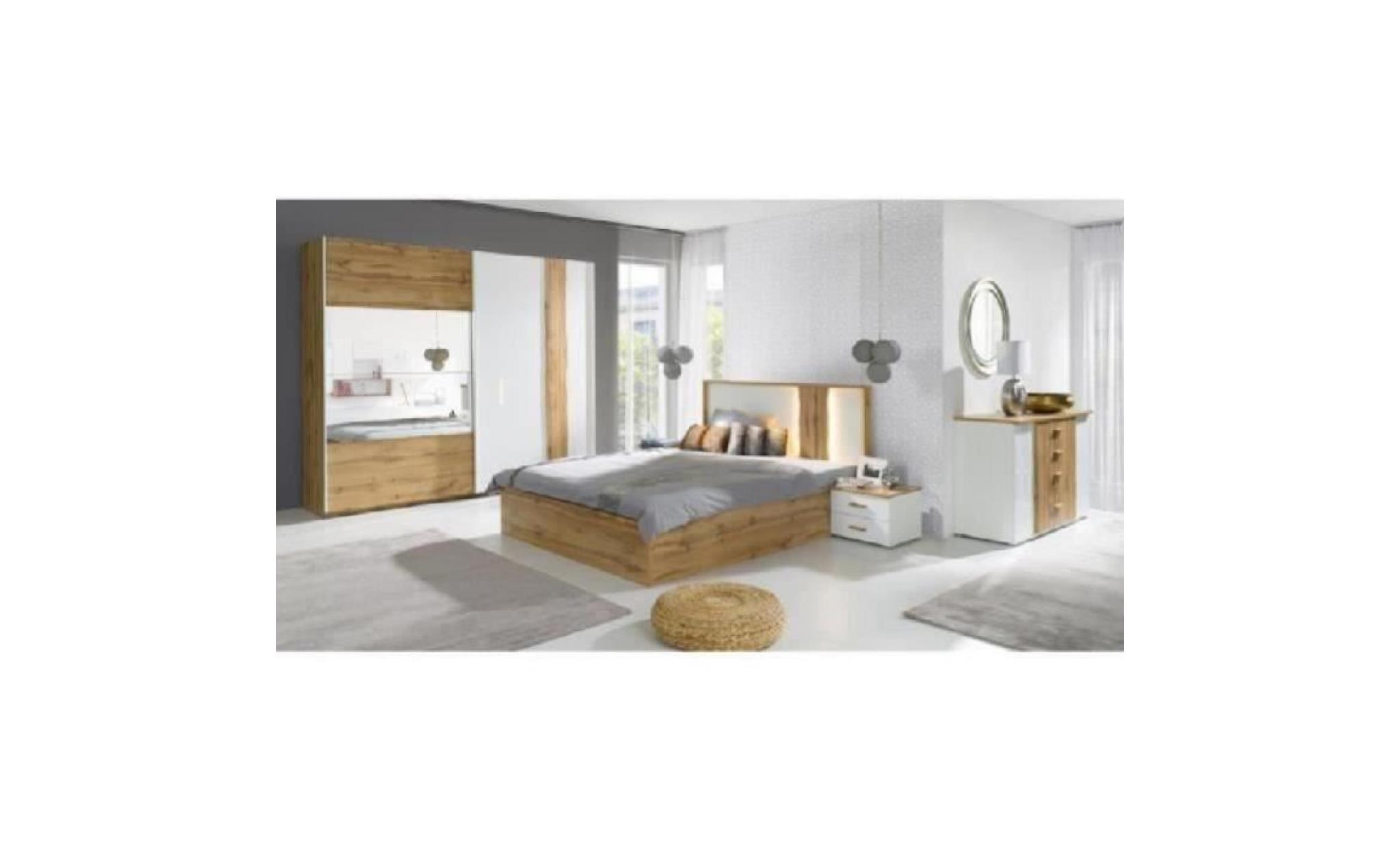 price factory chambre à coucher complète wood chêne et blanc. lit 160x200 cm + sommier + armoire en 200 cm + commode + 2 chevets