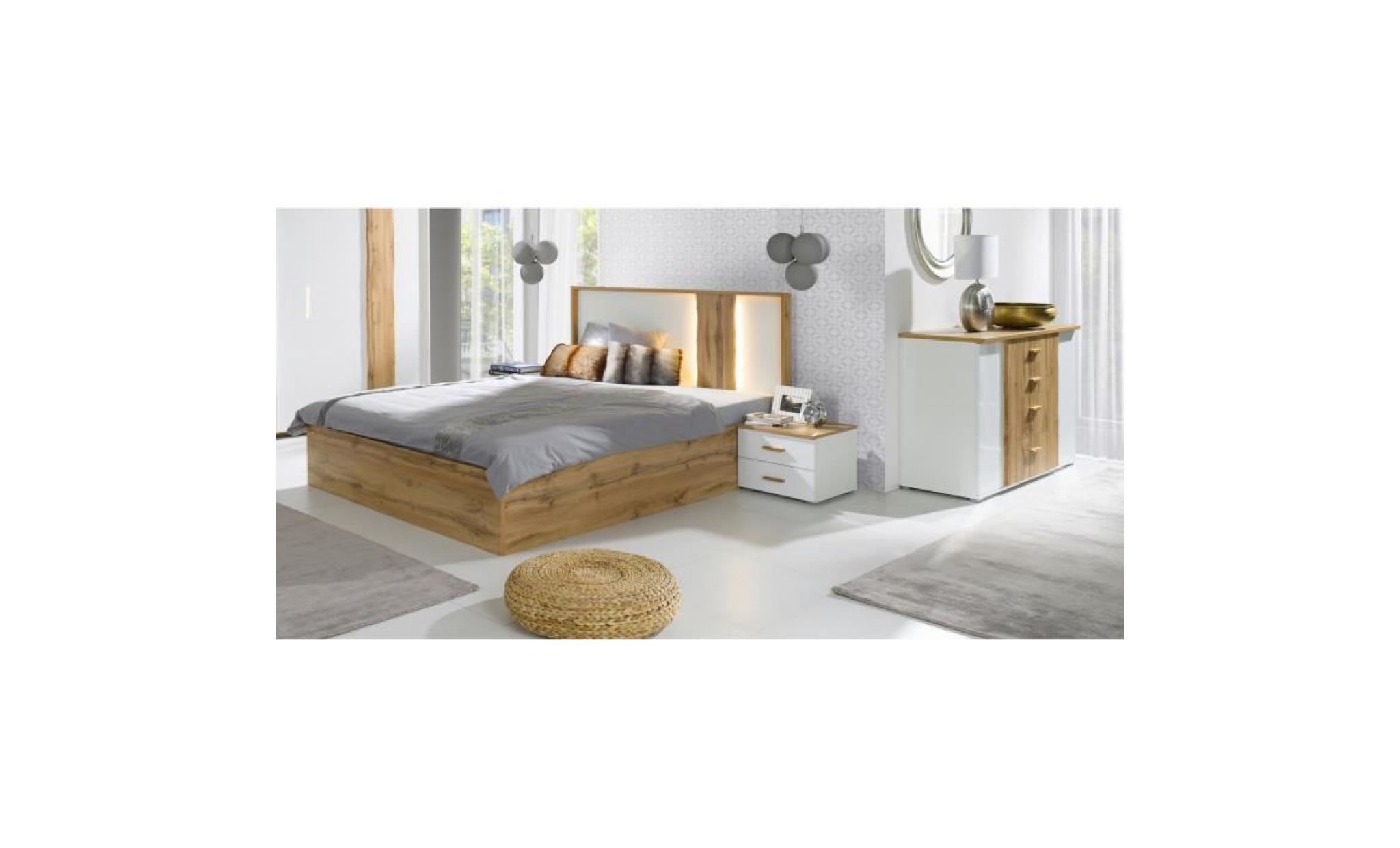 price factory chambre à coucher complète wood chêne et blanc. lit 160x200 cm + sommier + armoire en 200 cm + commode + 2 chevets pas cher