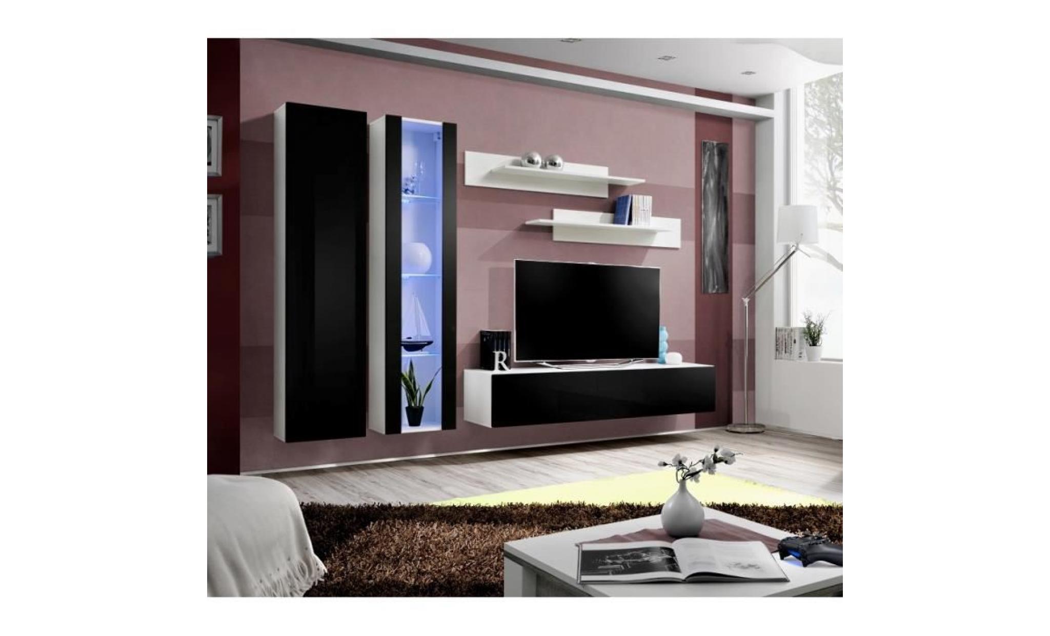 price factory   meuble tv fly a4 design, coloris blanc et noir brillant + led. meuble suspendu moderne et tendance pour votre salon.