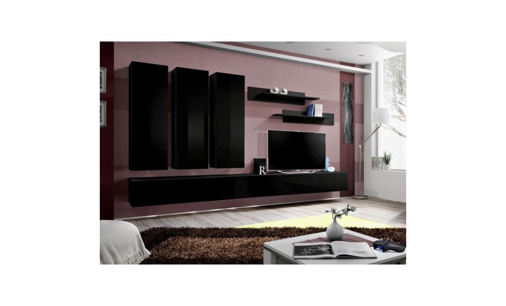 price factory   meuble tv fly e1 design, coloris noir et blanc brillant. meuble suspendu moderne et tendance pour votre salon.