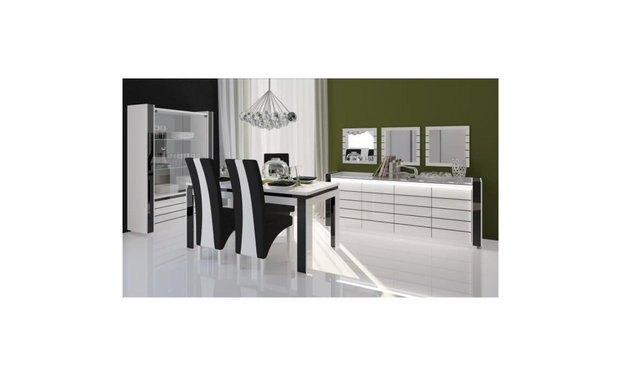 price factory   salle à manger complète lina blanche et noire. table 180 cm + buffet + 3 x miroirs + vaisselier (led) + 6 chaises