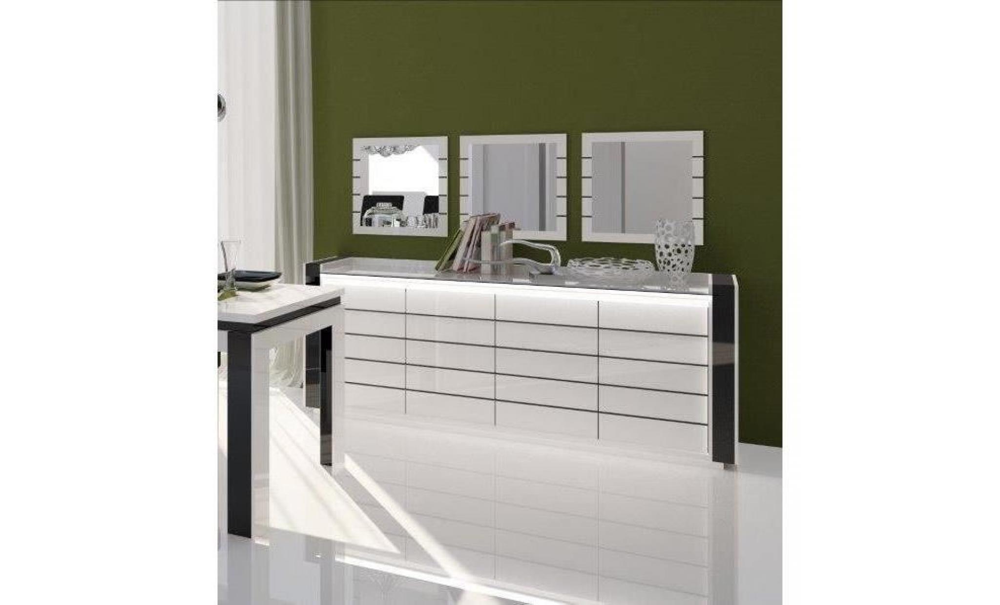price factory   salle à manger complète lina blanche et noire. table 160 cm + buffet + 3 x miroirs + vaisselier (led) + 6 chaises pas cher
