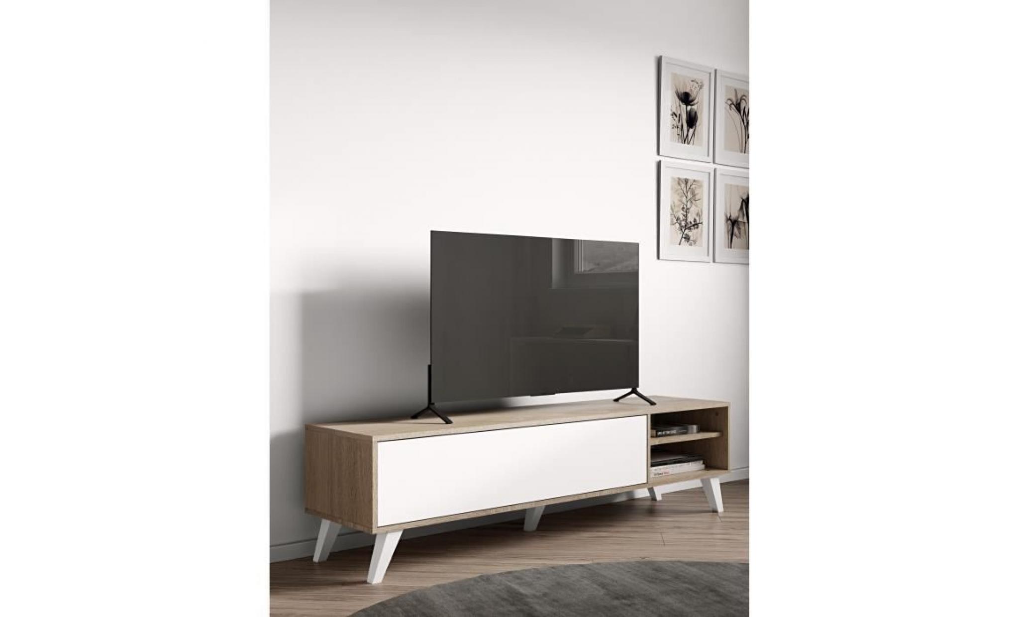 prism  meuble tv scandinave mélaminé décor chêne et blanc mat   l 165 cm pas cher